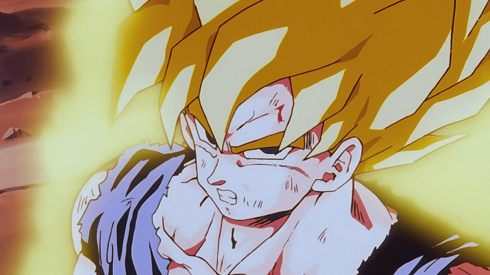 Goku en fase Super Saiyan en medio de una pelea