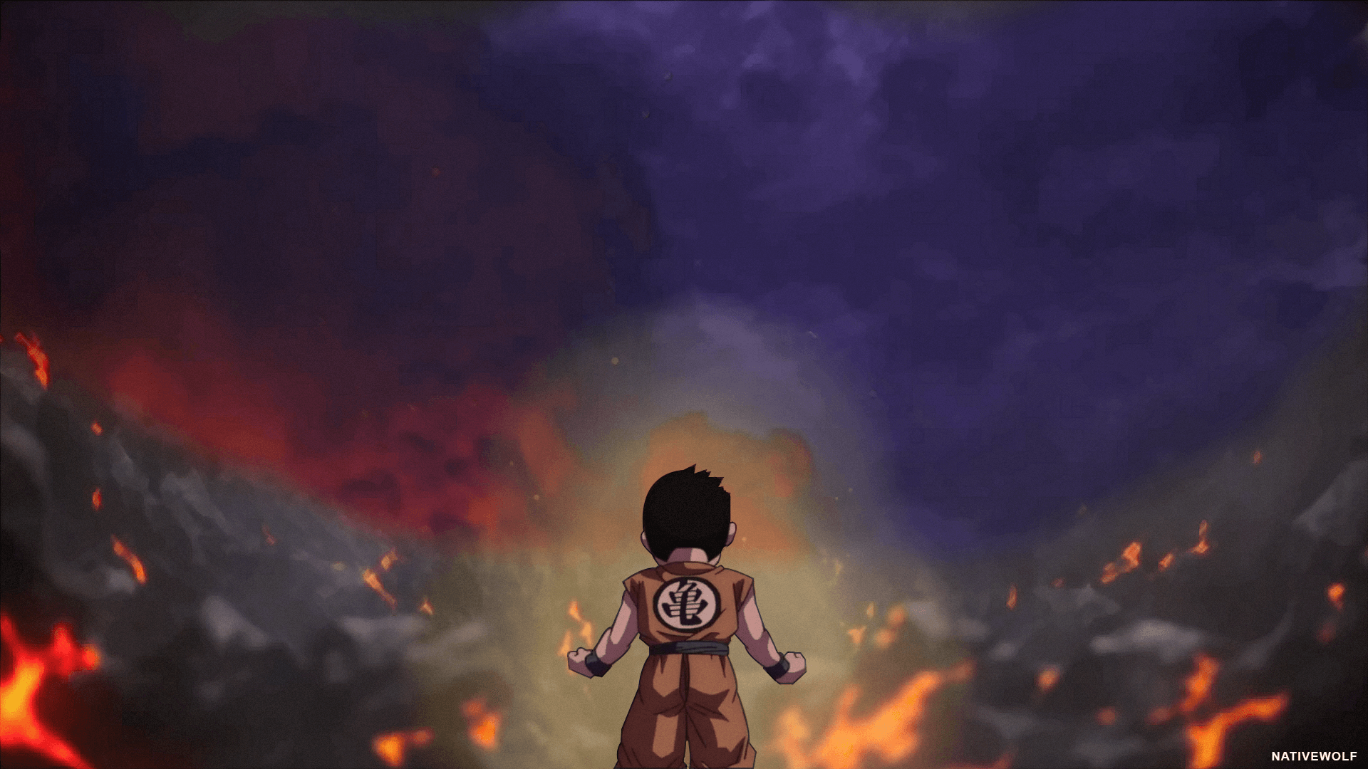 Panorama lleno de humo y un niño de Dragon Ball a punto de pelear