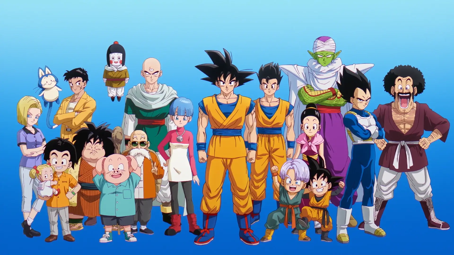 Todos los personajes principales de Dragon Ball juntos con un fondo azul