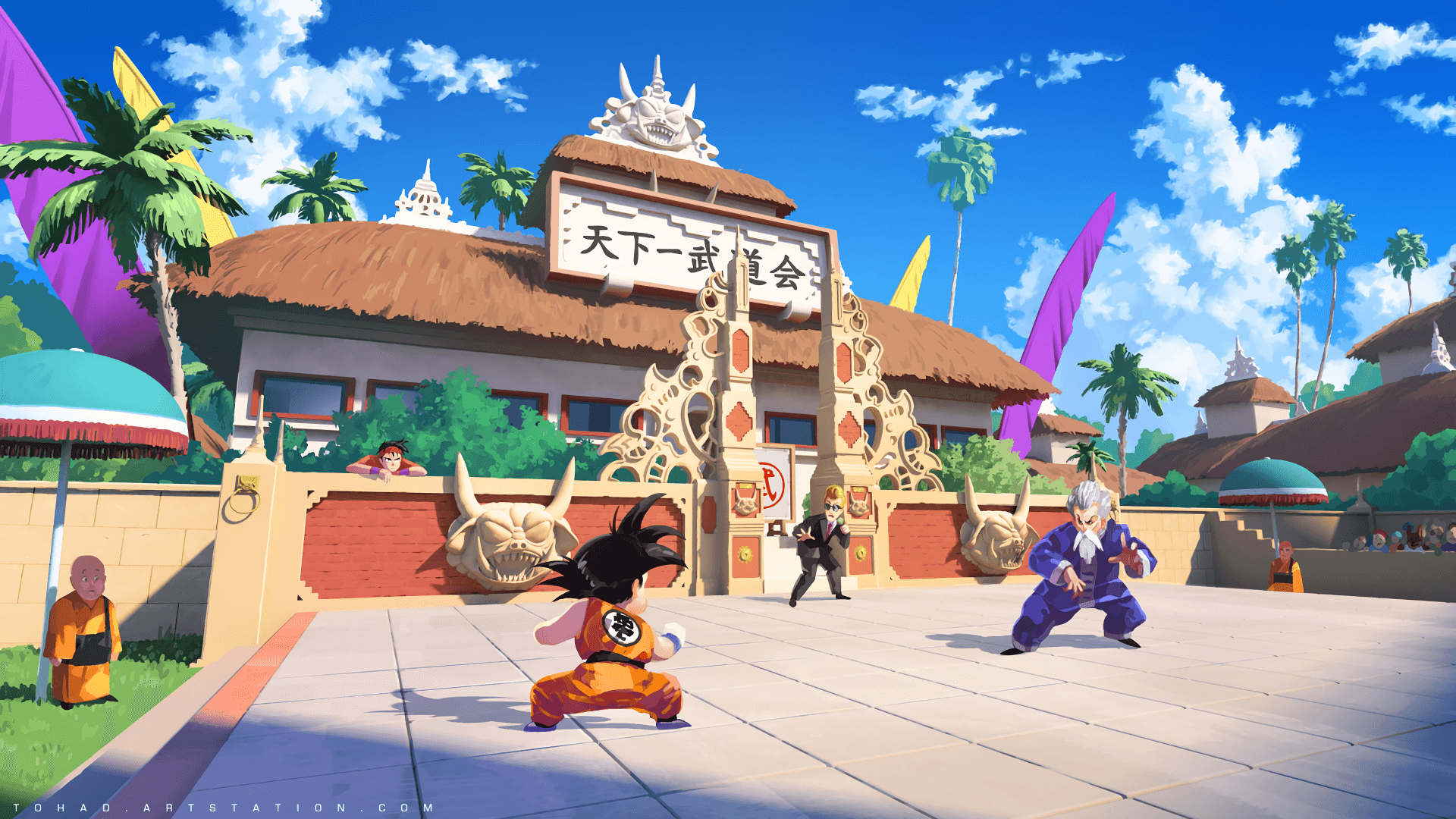 Goku entrenando de pequeño en el dojo con el sensei