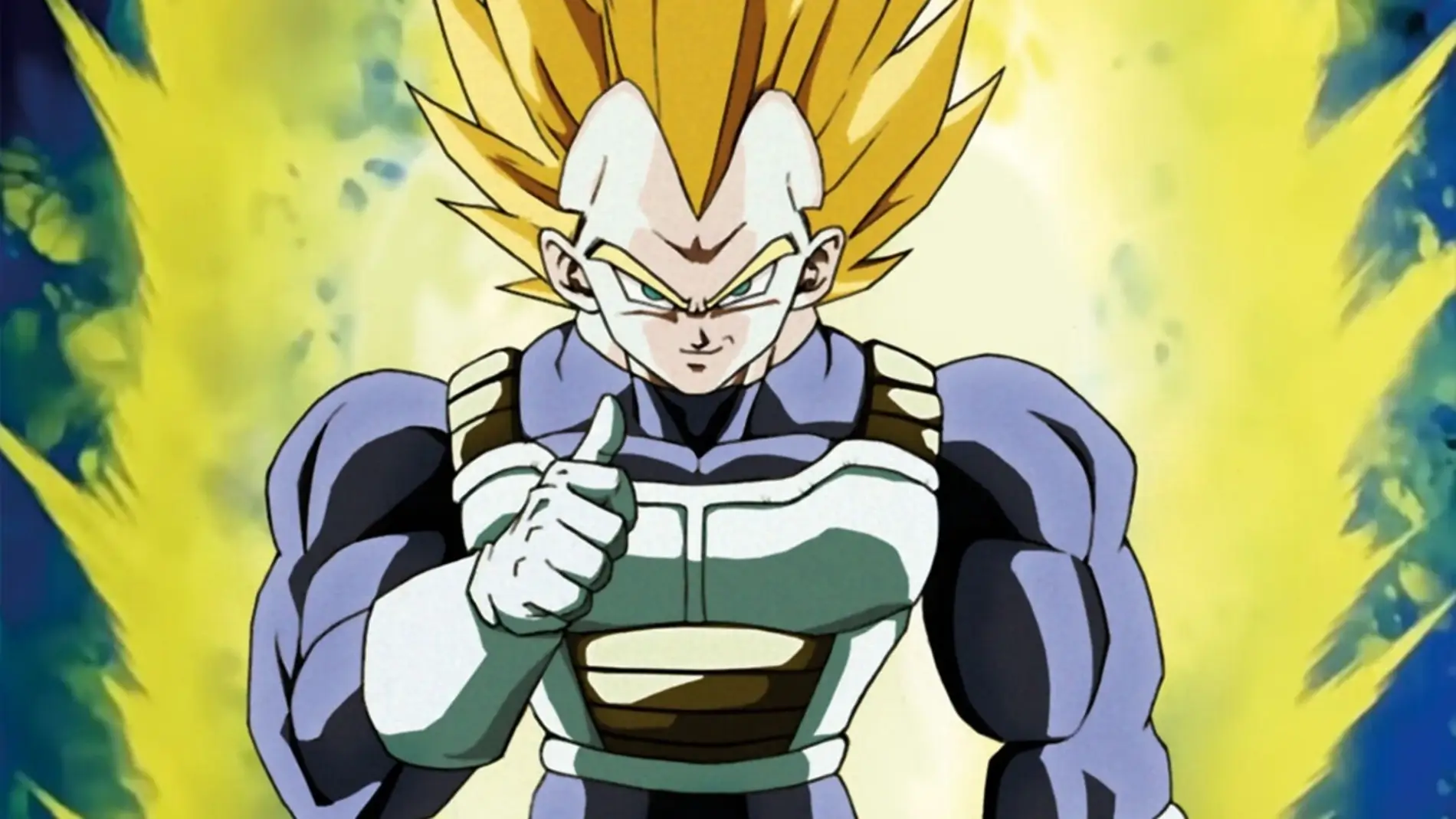 Vegeta en fase Super Saiyan levantando el dedo pulgar