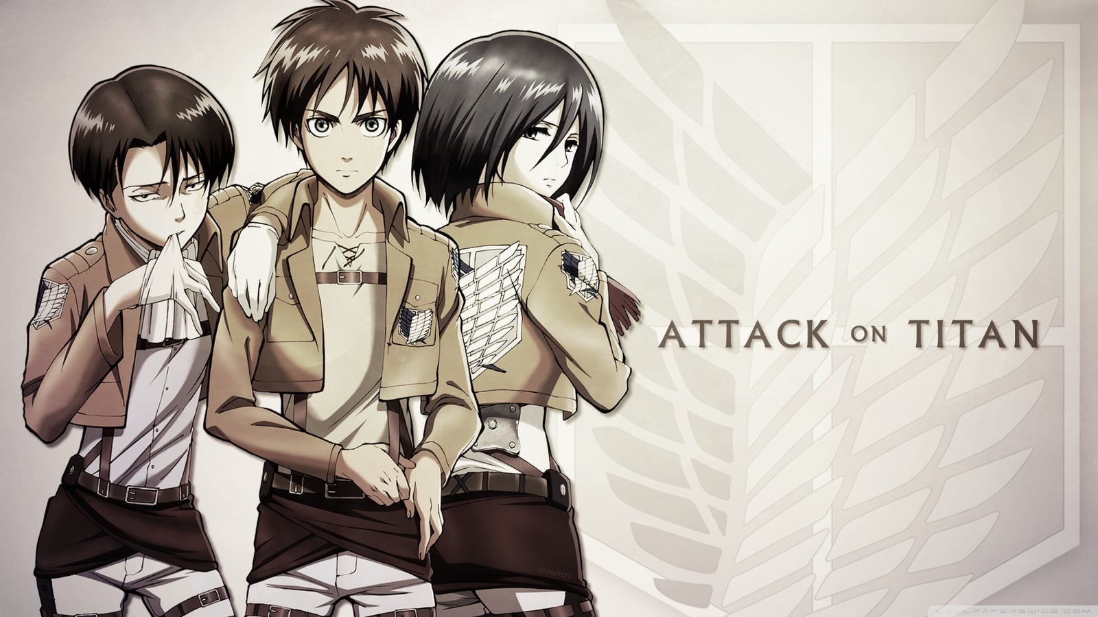 Portada de Eren, Levi y Mikasa con tonos blanquecinos