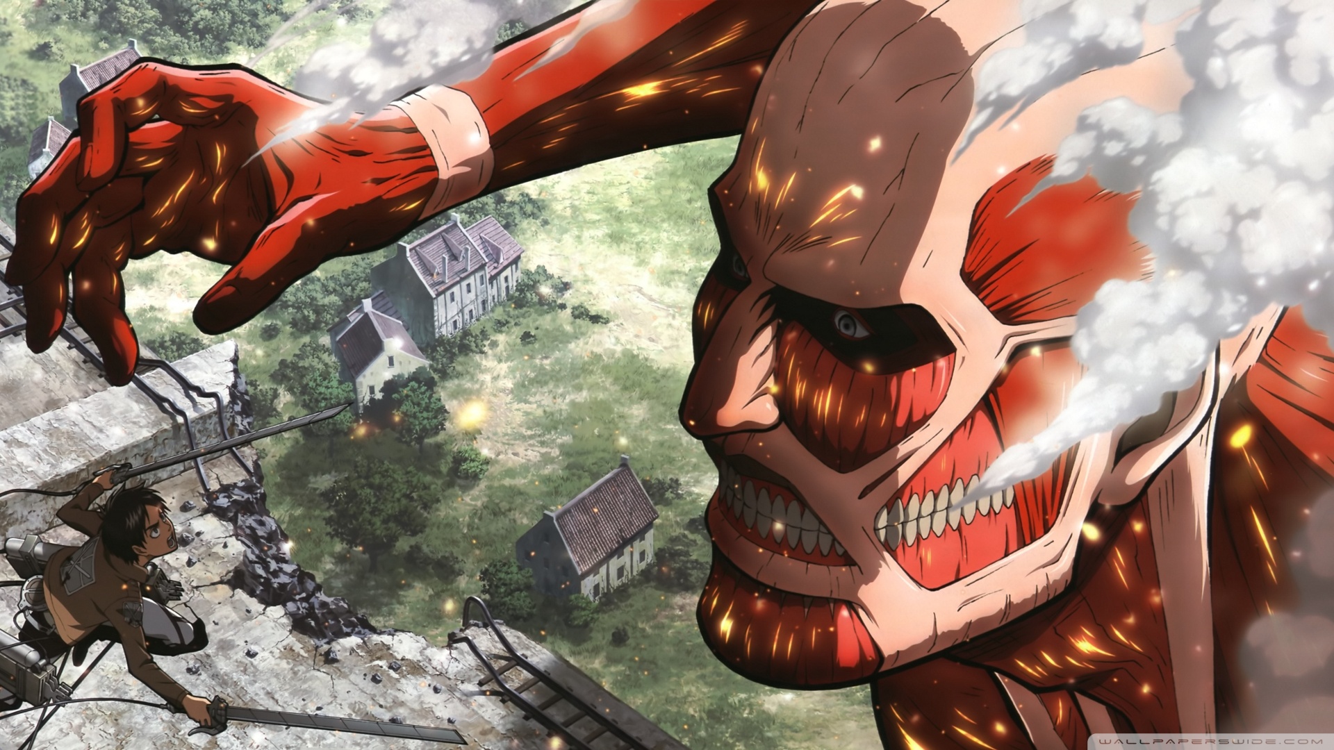 Eren luchando contra el Titán Colosal en el muro de Shiganshina