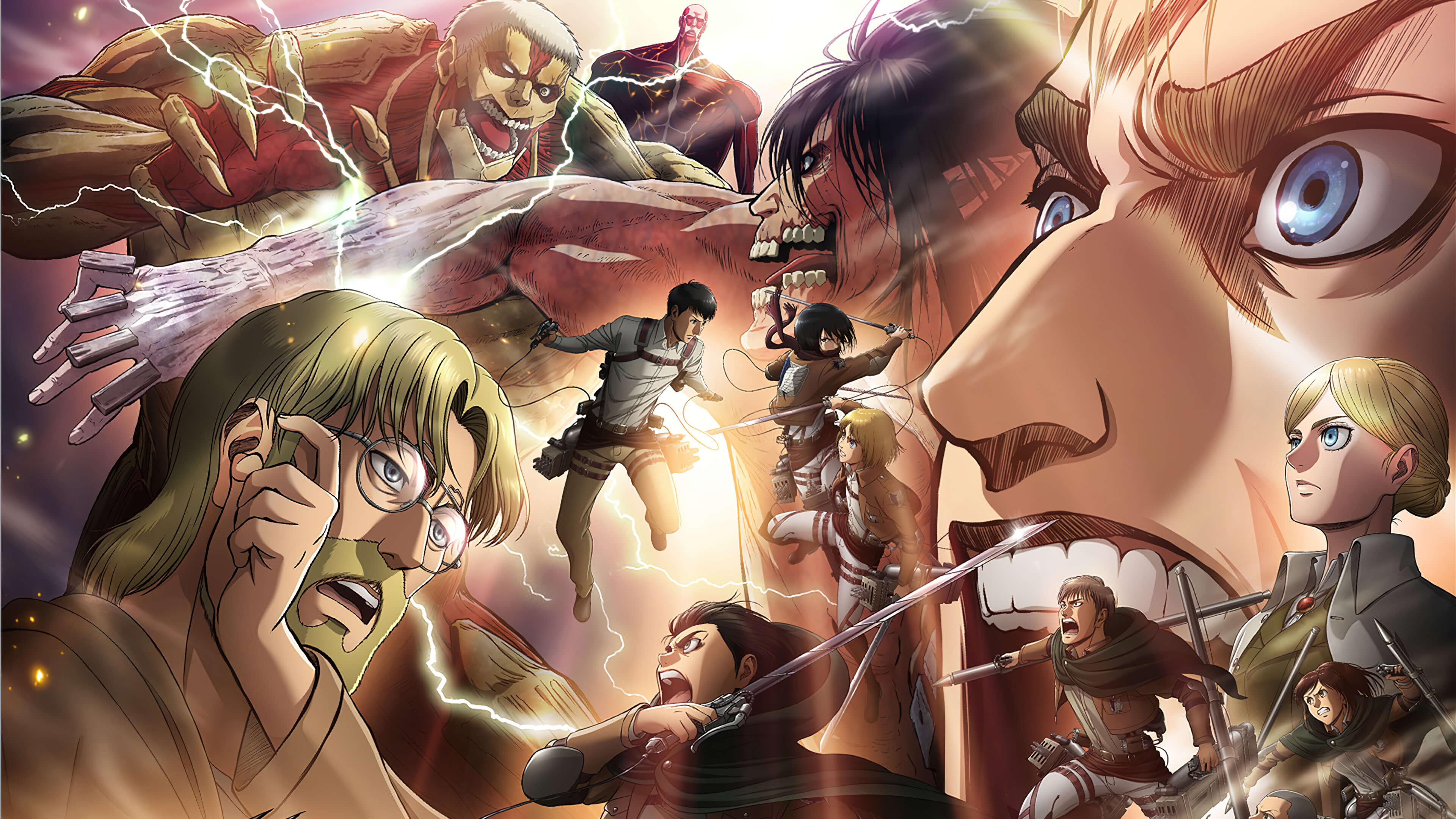 Ilustración épica de ersonajes luchando contra titanes en la batalla final de Attack on Titan