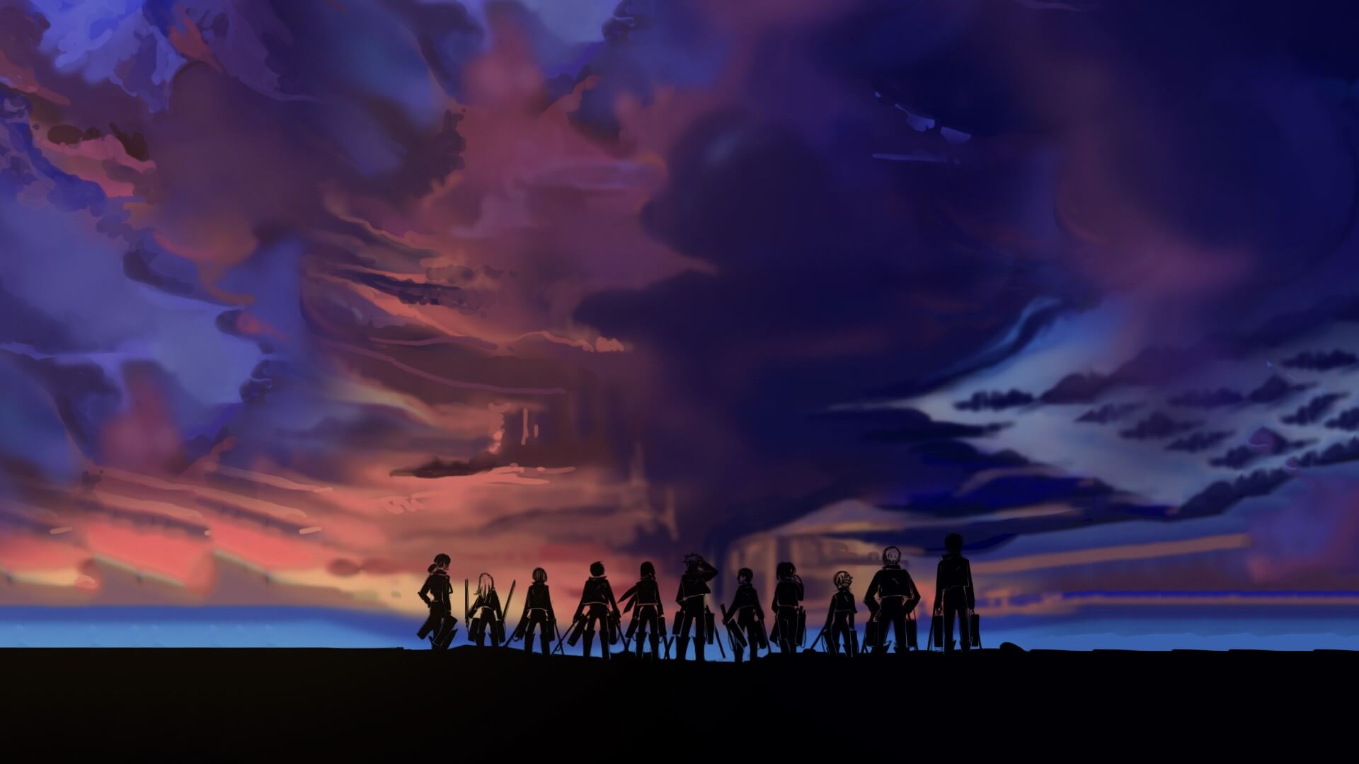 Reclutas de Attack on Titan alineados al atardecer en formación militar
