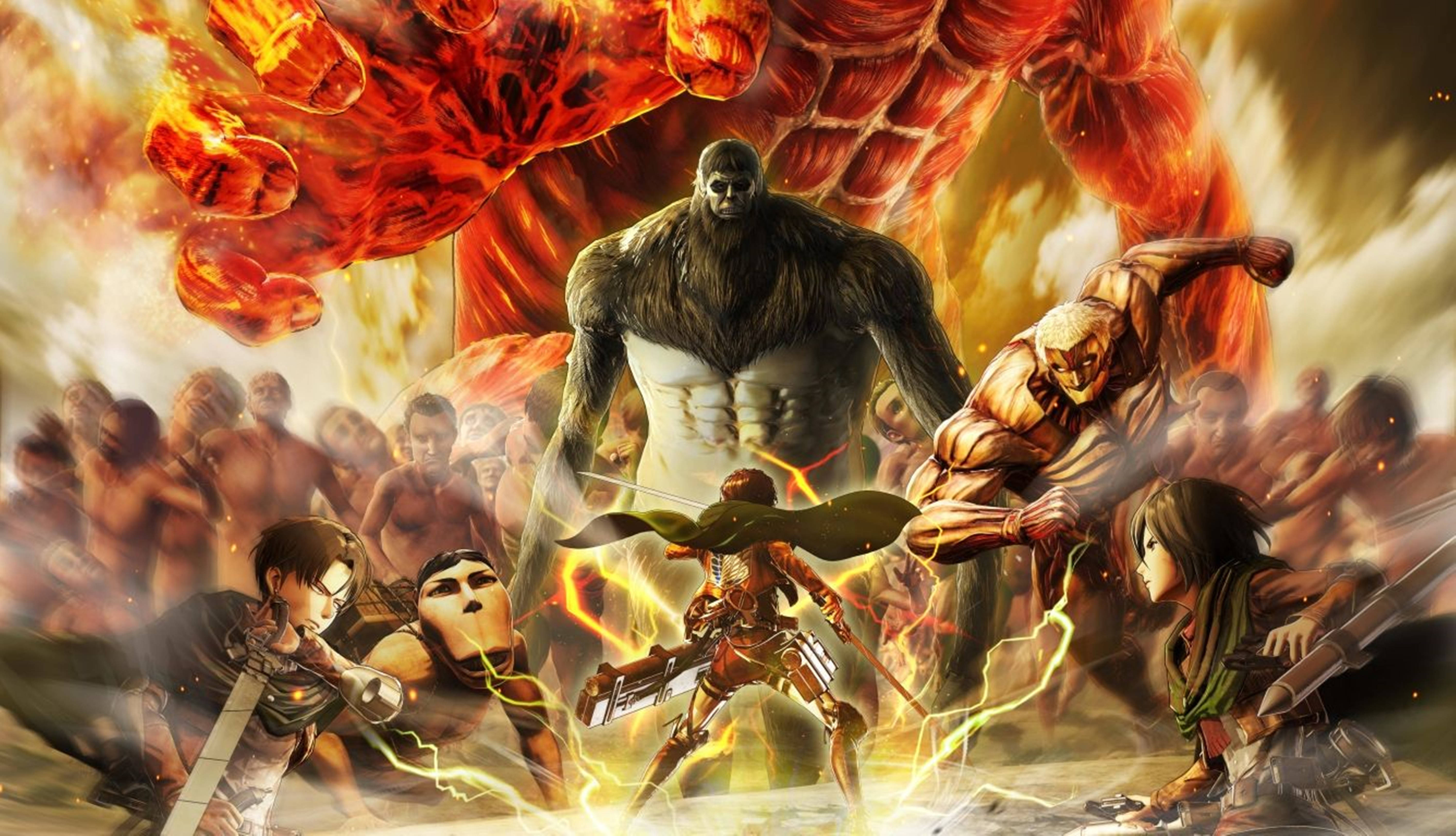 Eren, Levi y Mikasa luchando contra todos los titanes que vienen de Marley