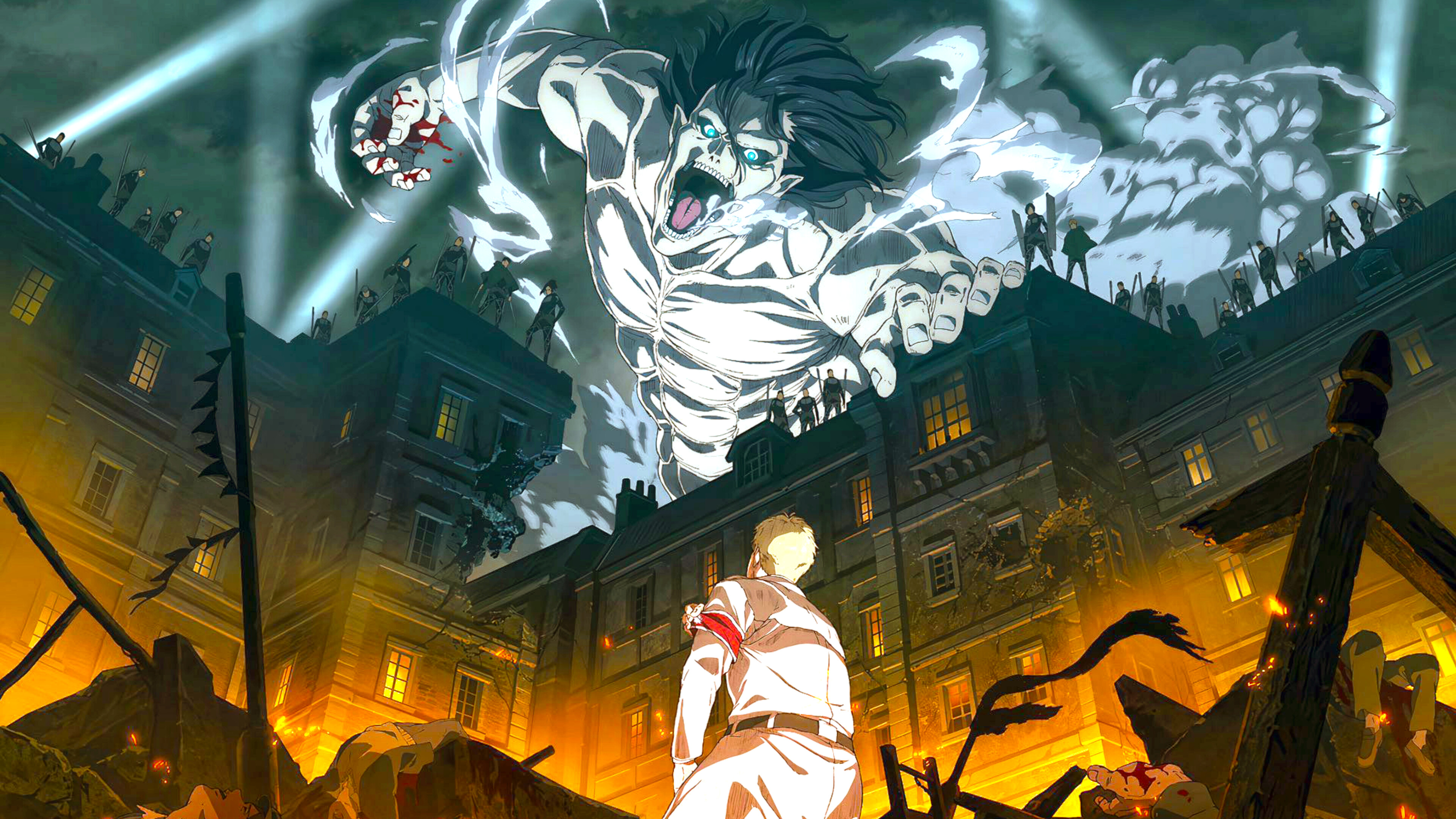 Eren transformado en Titán destruye Marley desde dentro apareciendo debajo del escenario central