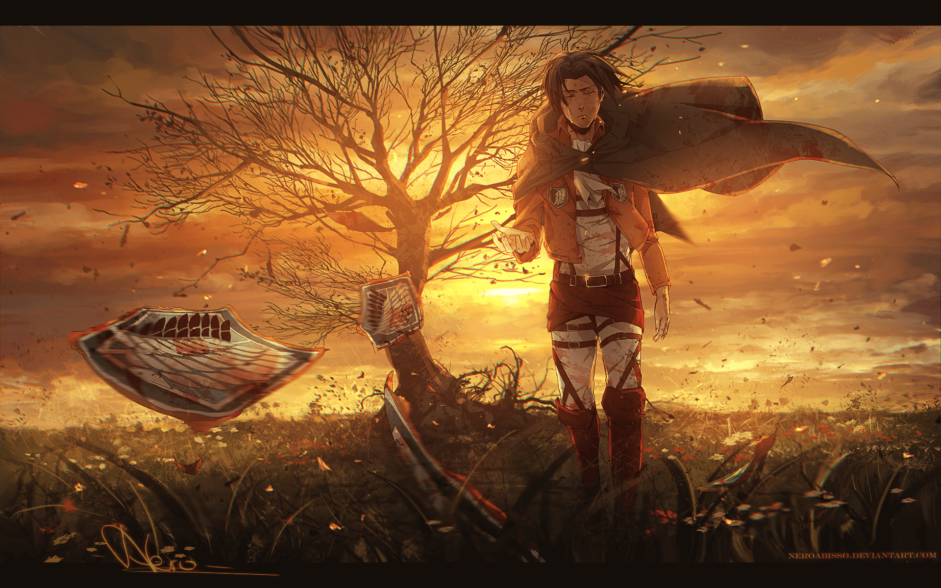 Eren Jaeger en un campo al amanecer con el logo de Attack on Titan