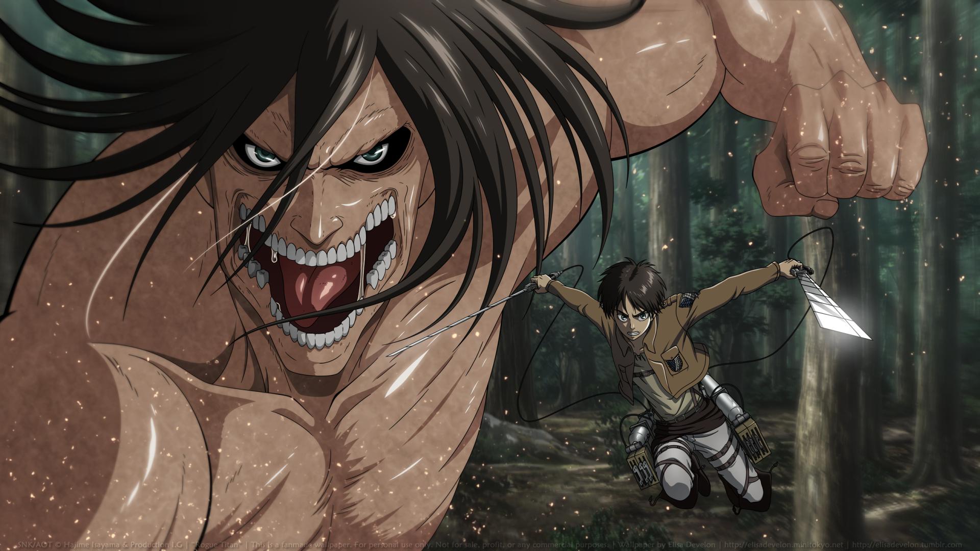 Eren transformado en titán de ataque luchando contra el titán hembra de Annie en el bosque fuera de las murallas