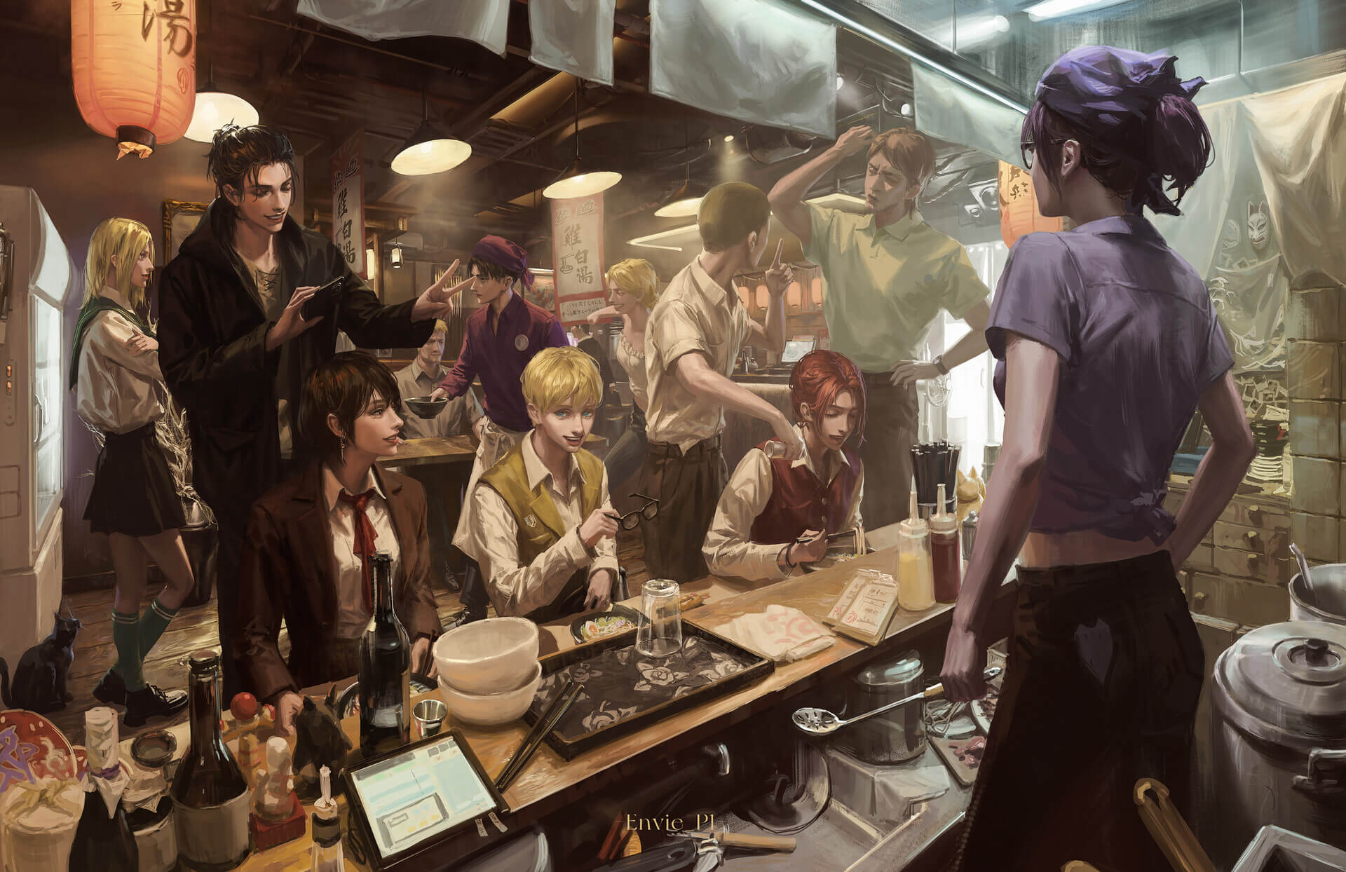 Personajes de Attack on Titan cenando en un restaurante moderno