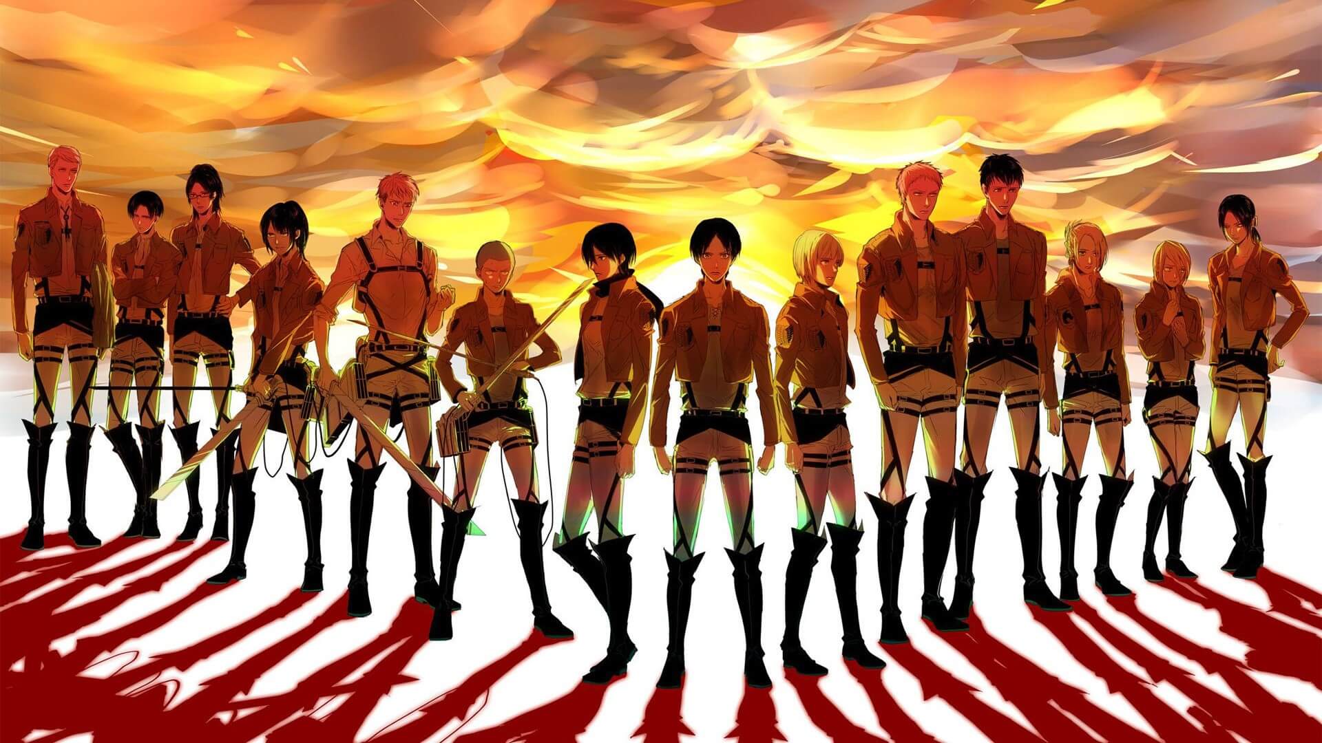 Retrato grupal del Escuadrón de Exploración de Attack on Titan con fondo de cielo rosado