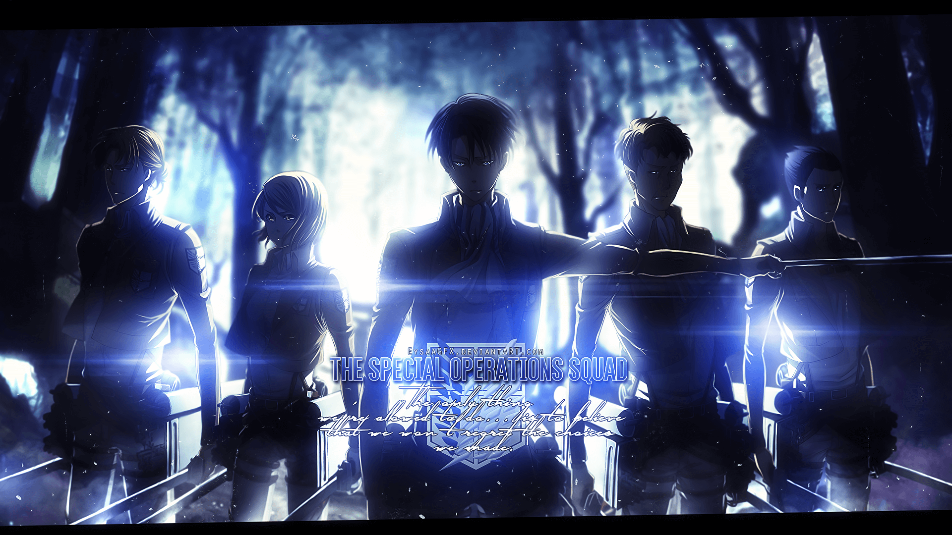 Escuadrón de Operaciones Especiales en Attack on Titan con fondo azul brillante