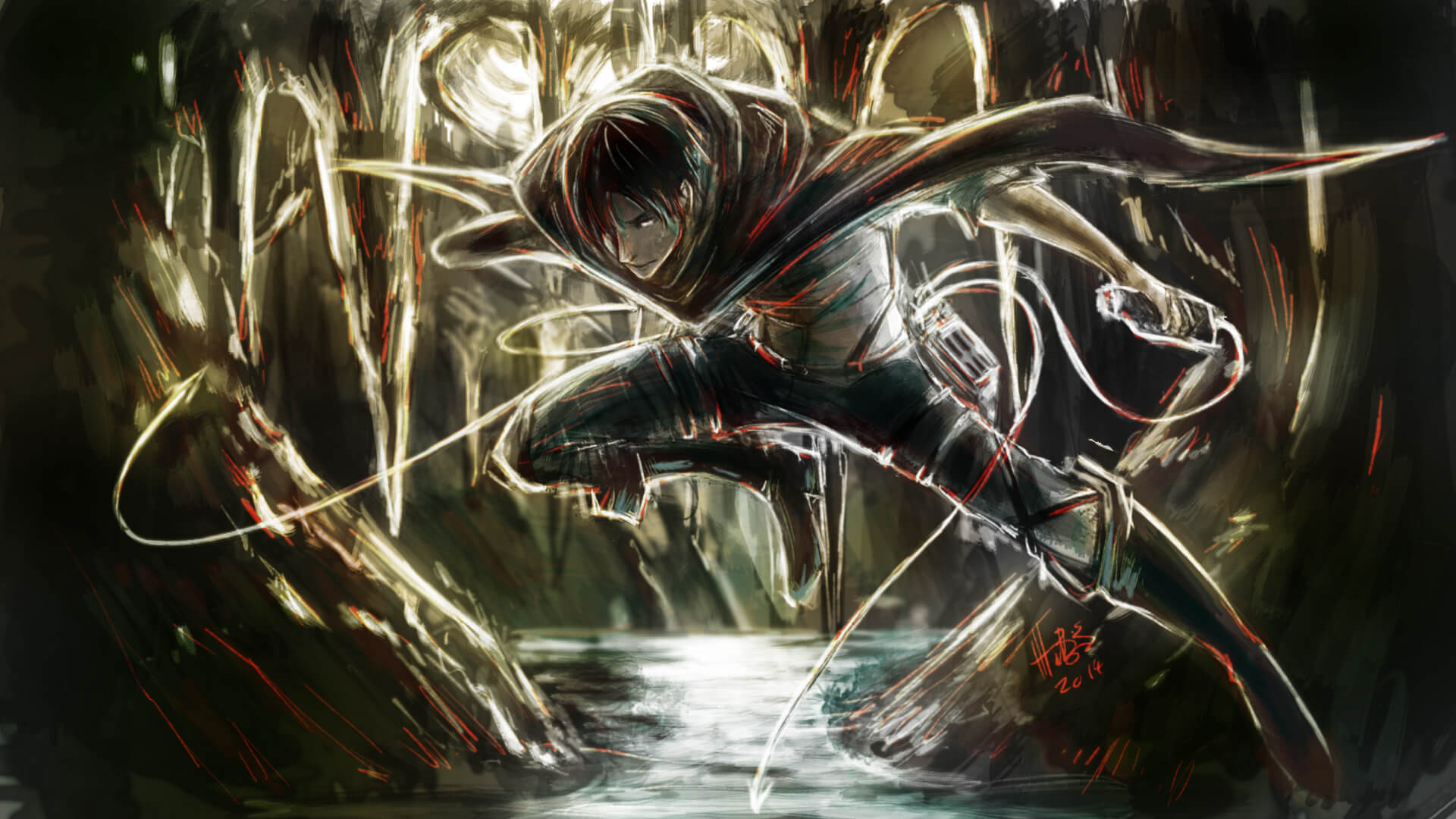 Levi atacando con el equipo tridimensional en ilustración artística