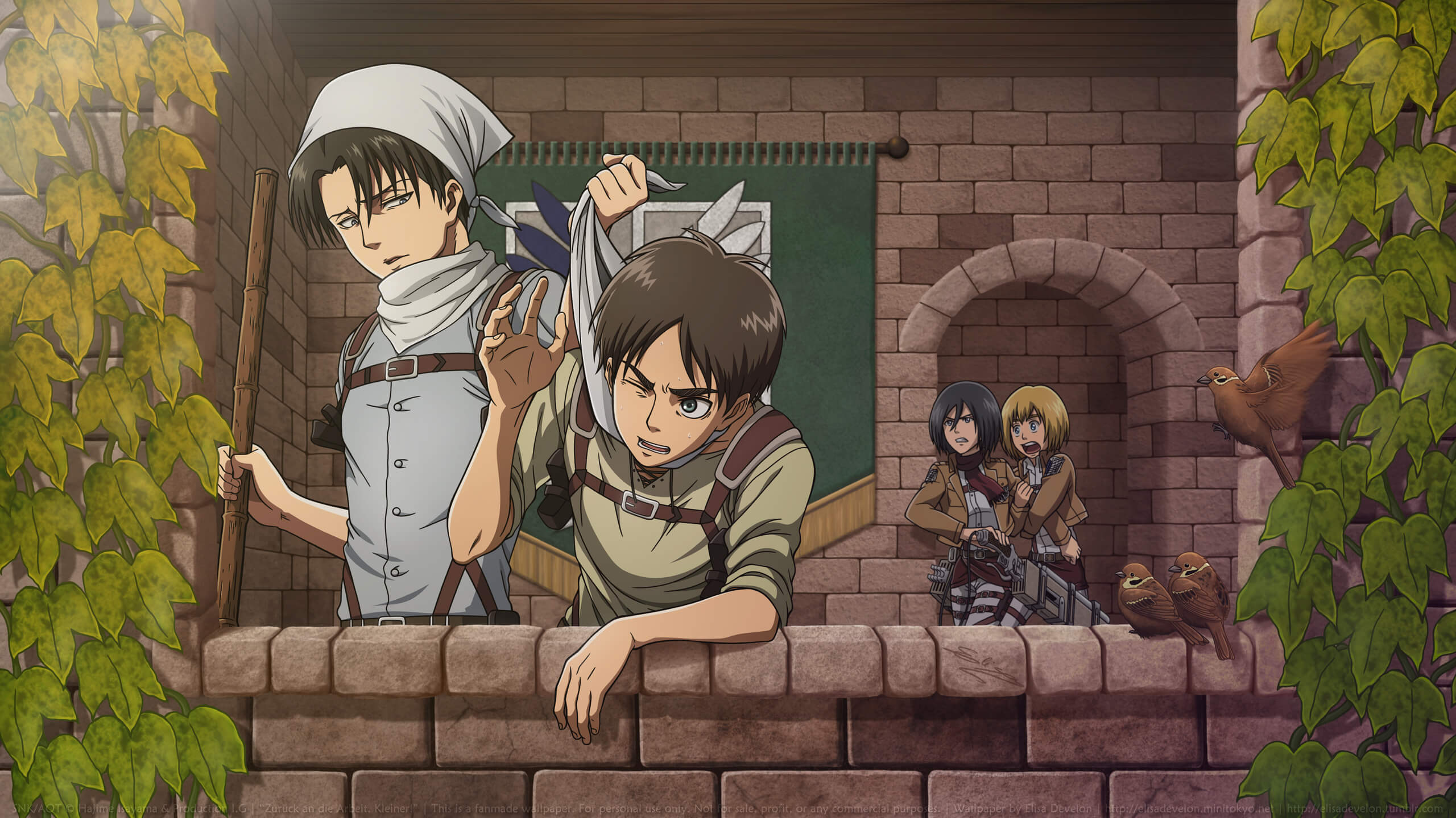 Levi, Eren, Mikasa y Armin limpiando el castillo del cuerpo de Exploración