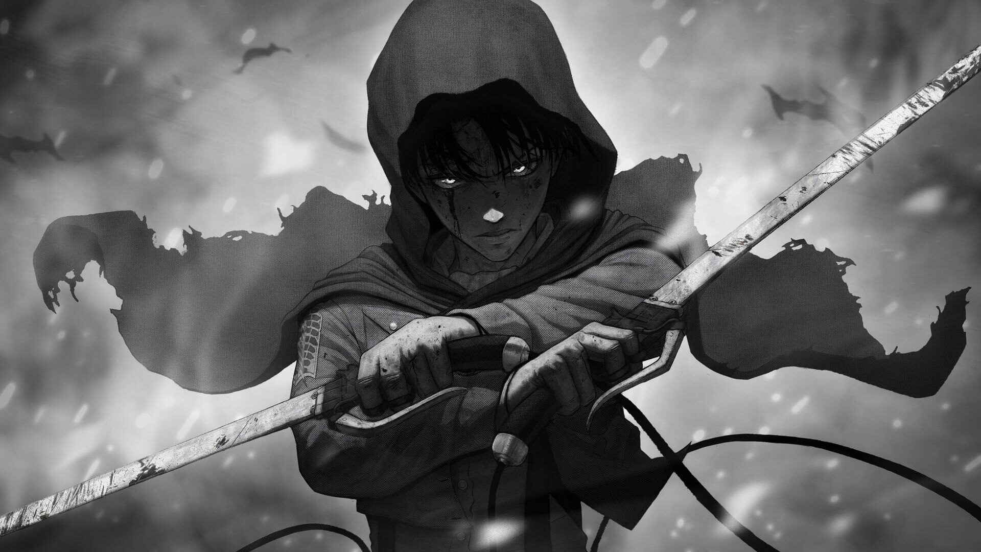 Levi Ackerman con espada en mano listao para la batalla en estilo blanco y negro