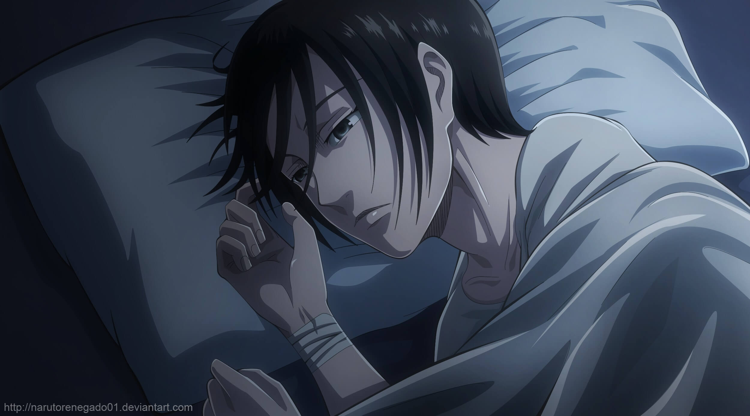 Mikasa Ackerman acostada en la cama durante la noche