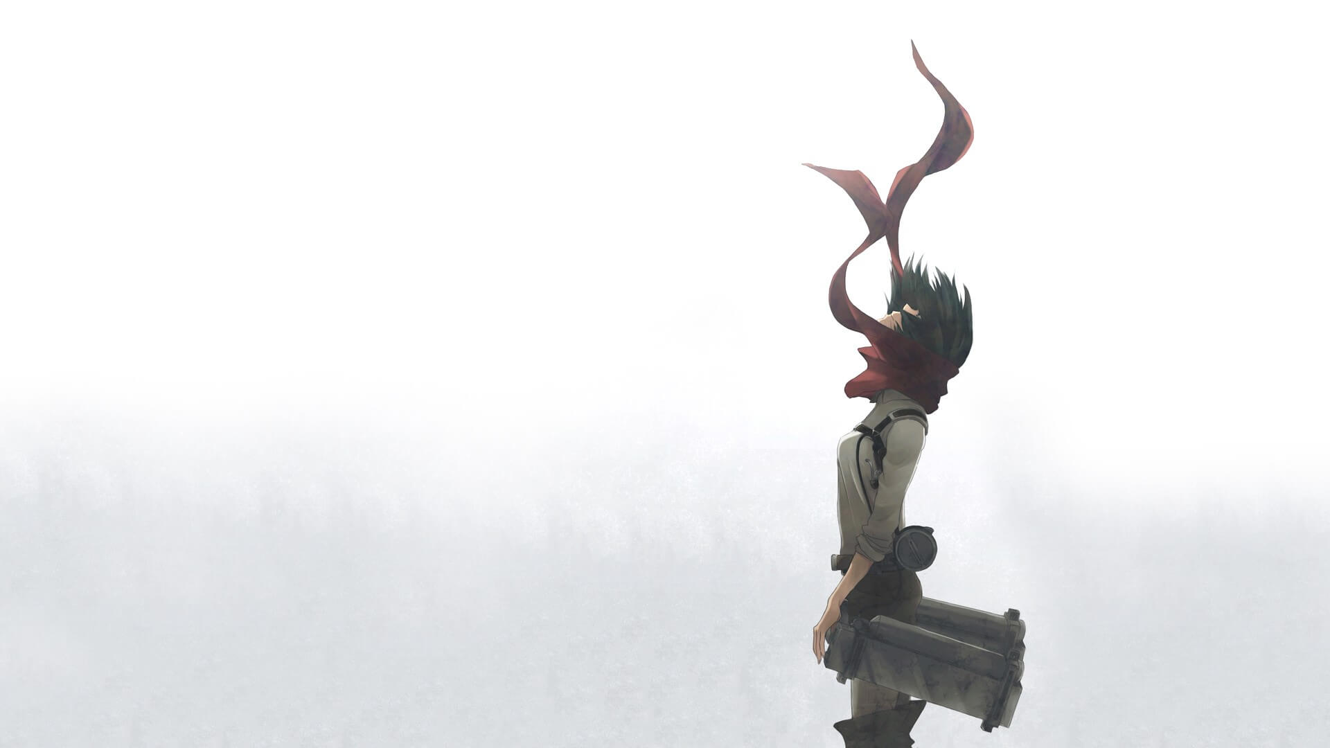 Retrato de Mikasa rodeada de niebla con la bufanda volando