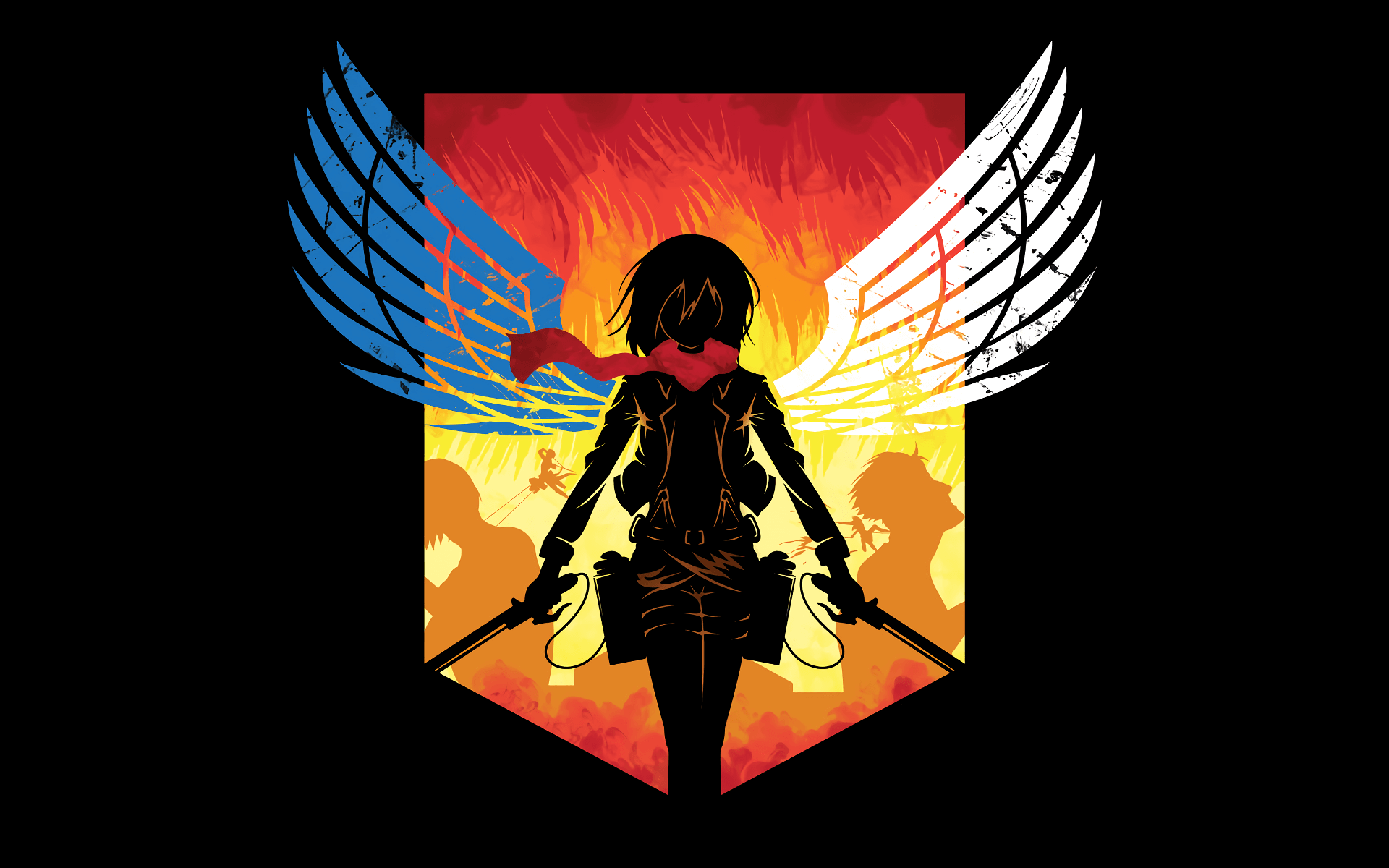 Silueta de Mikasa con alas en un escudo de colores cálidos