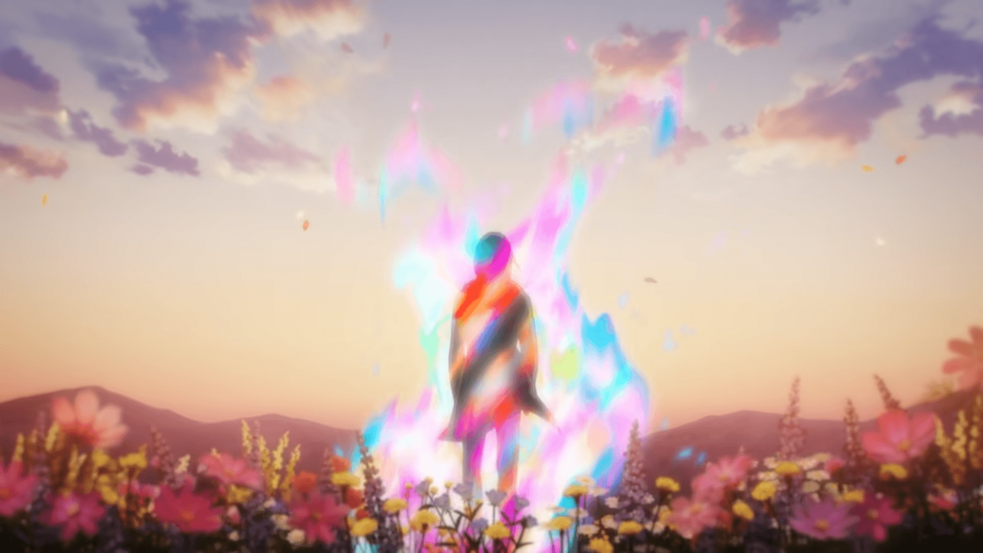 Eren transformandose en titán en medio de un campo de flores