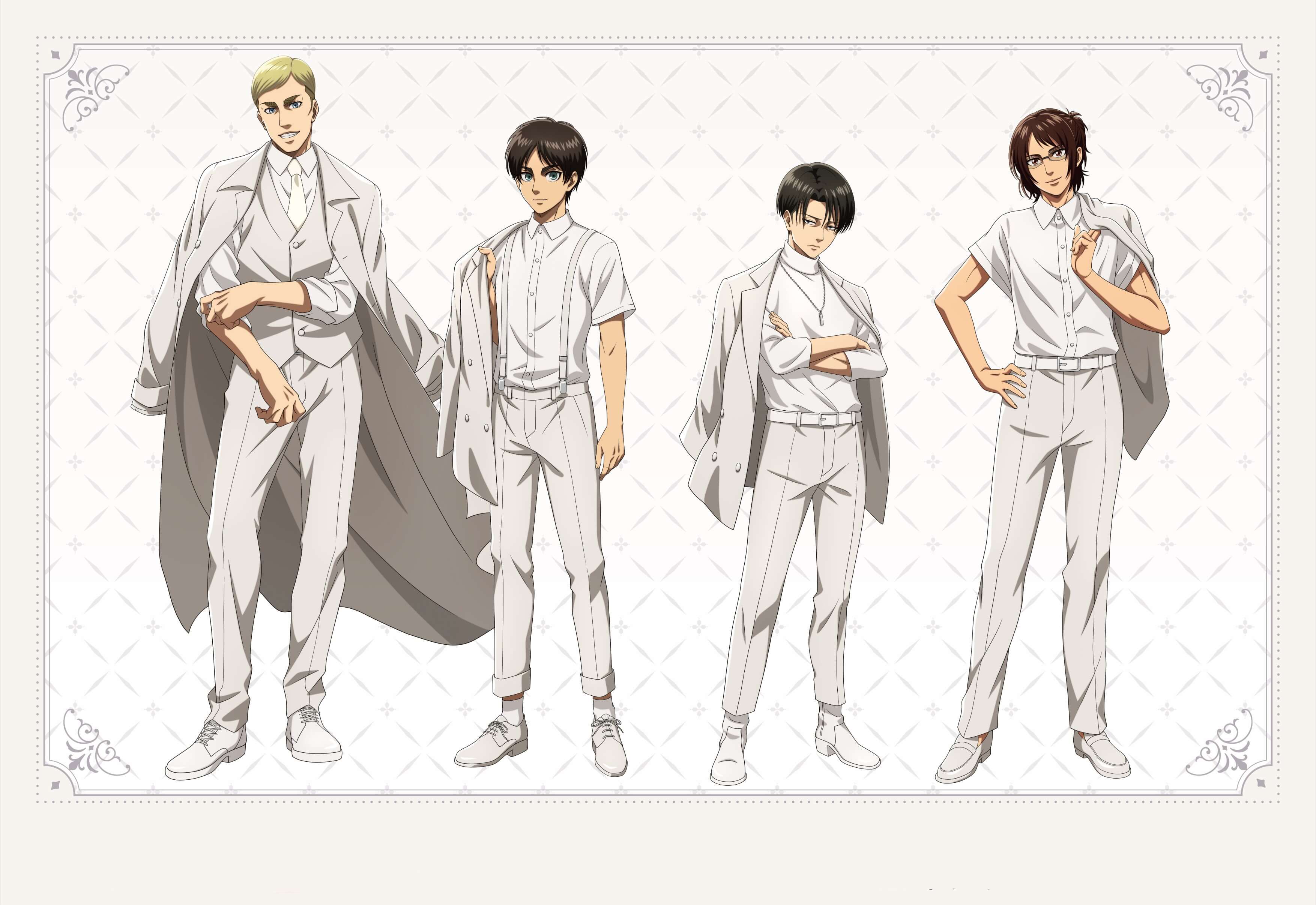 Erwin, Eren, Levi y Jean vestidos con traje blanco elegante