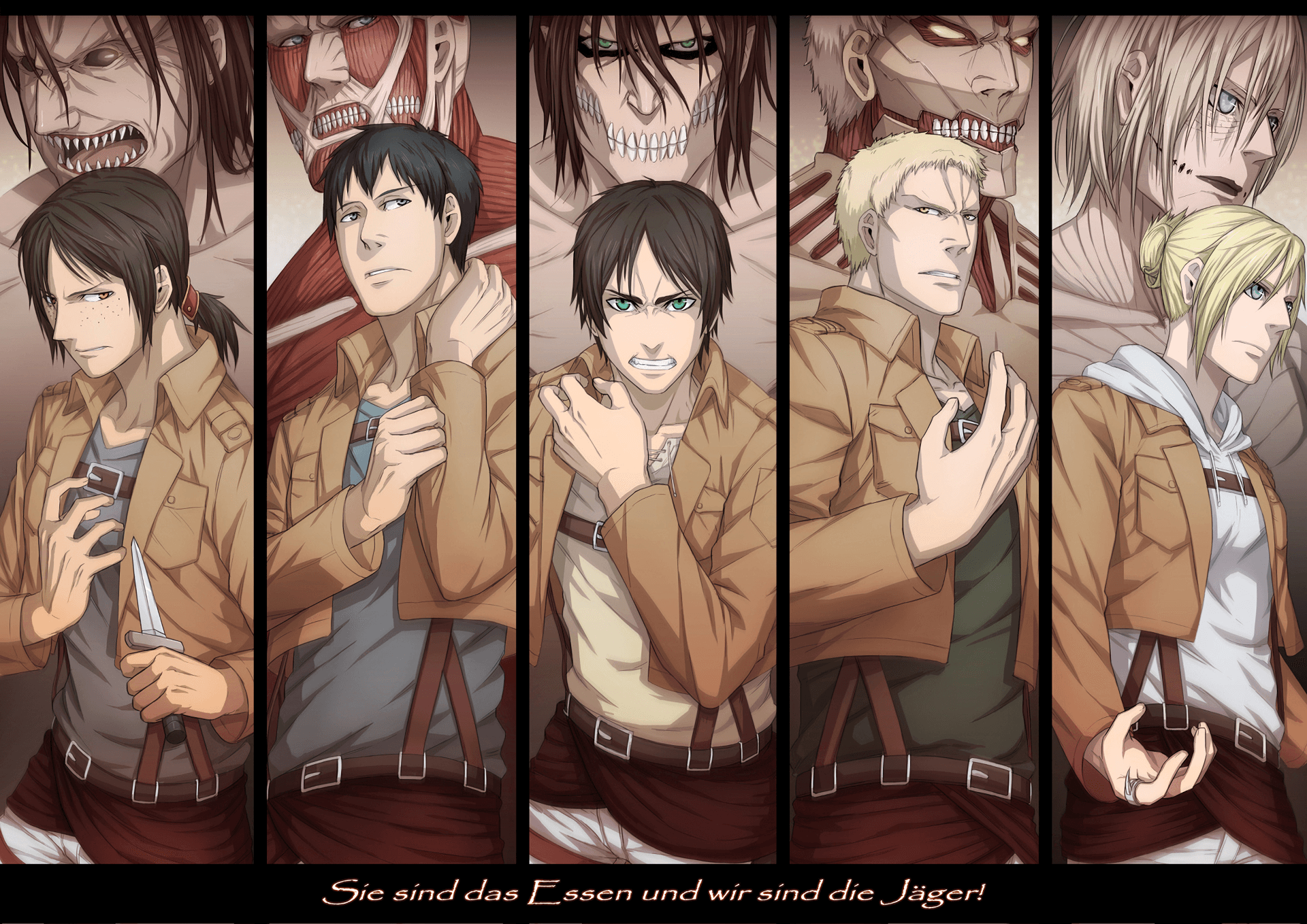 Dibujo de Ymir, Bertholdt, Eren, Reiner y Annie con sus titanes detras