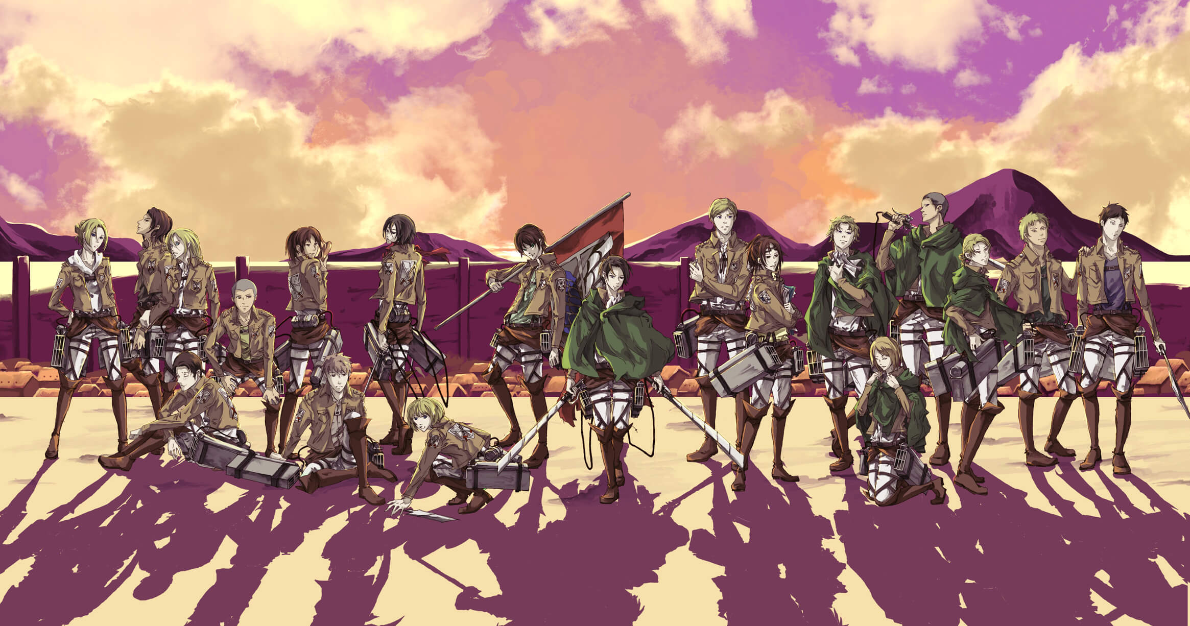 Reclutas de Attack on Titan en estilo anime chibi con fono alegre y amarillo