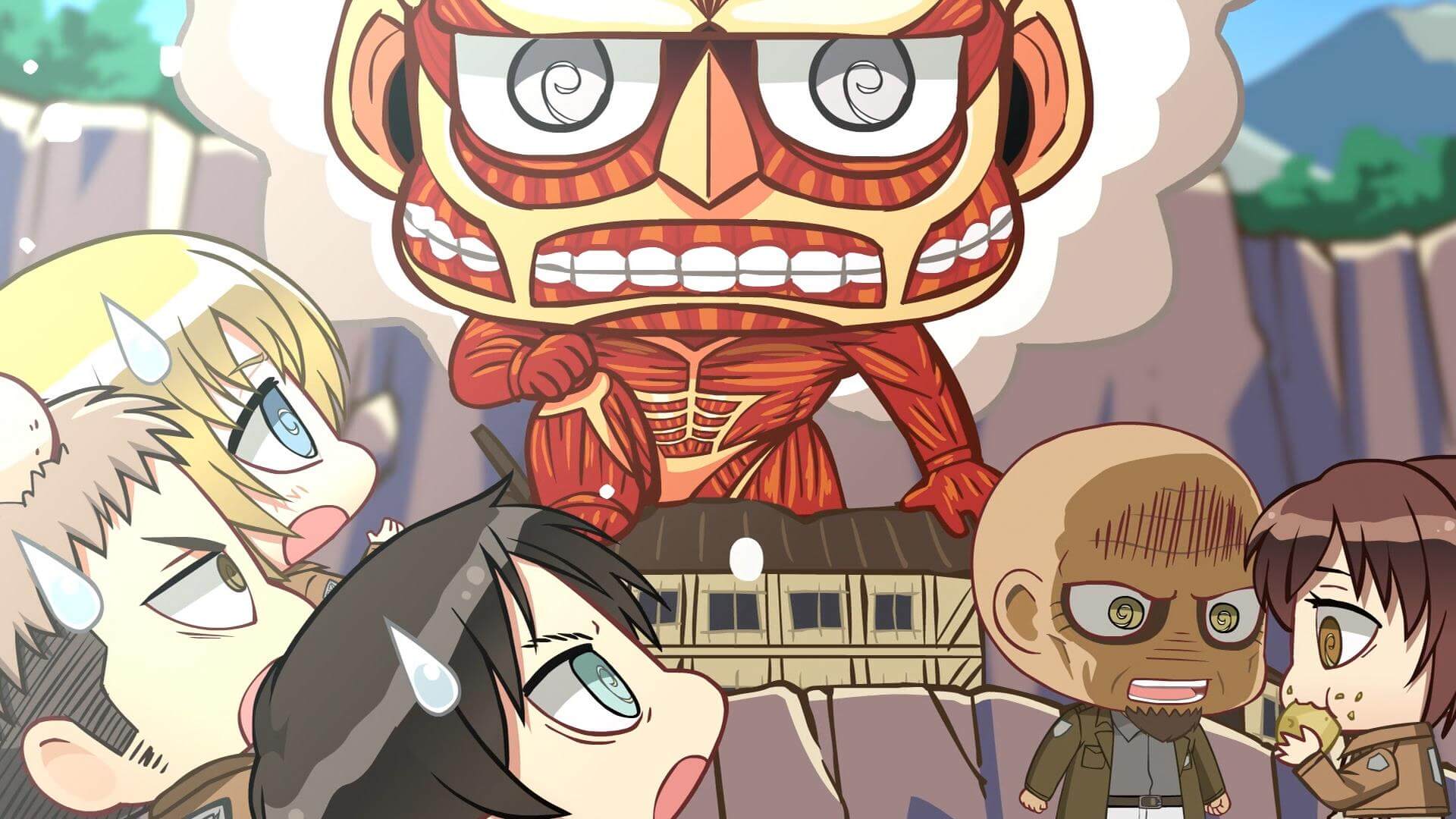 Versión chibi del Titán Colosal con personajes de Shingeki no Kyojin sorprendidos