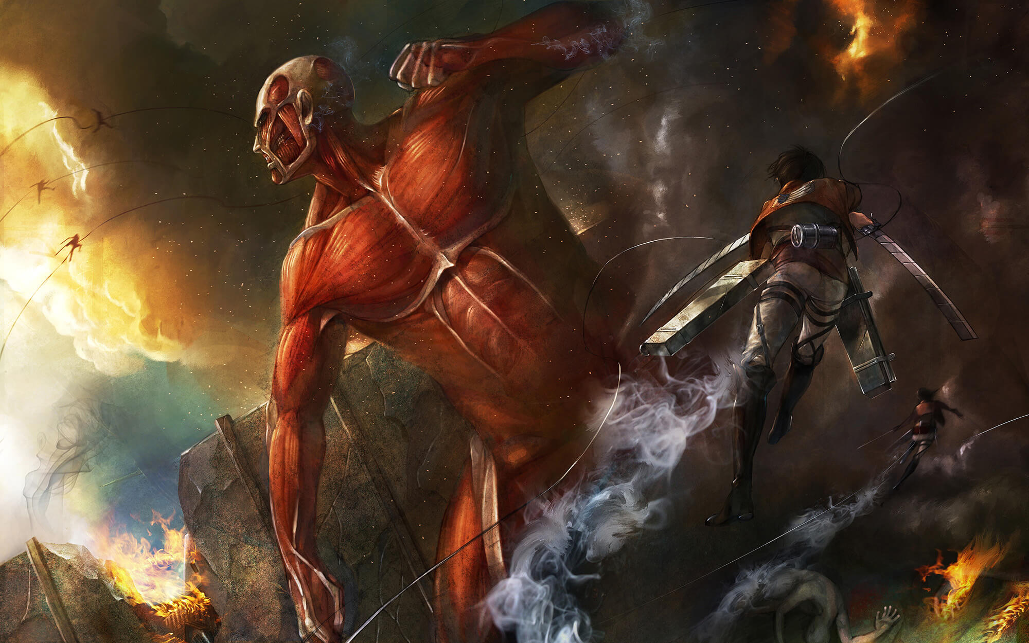 Ilustración del Titán Colosal enfrentándose a los exploradores en Attack on Titan