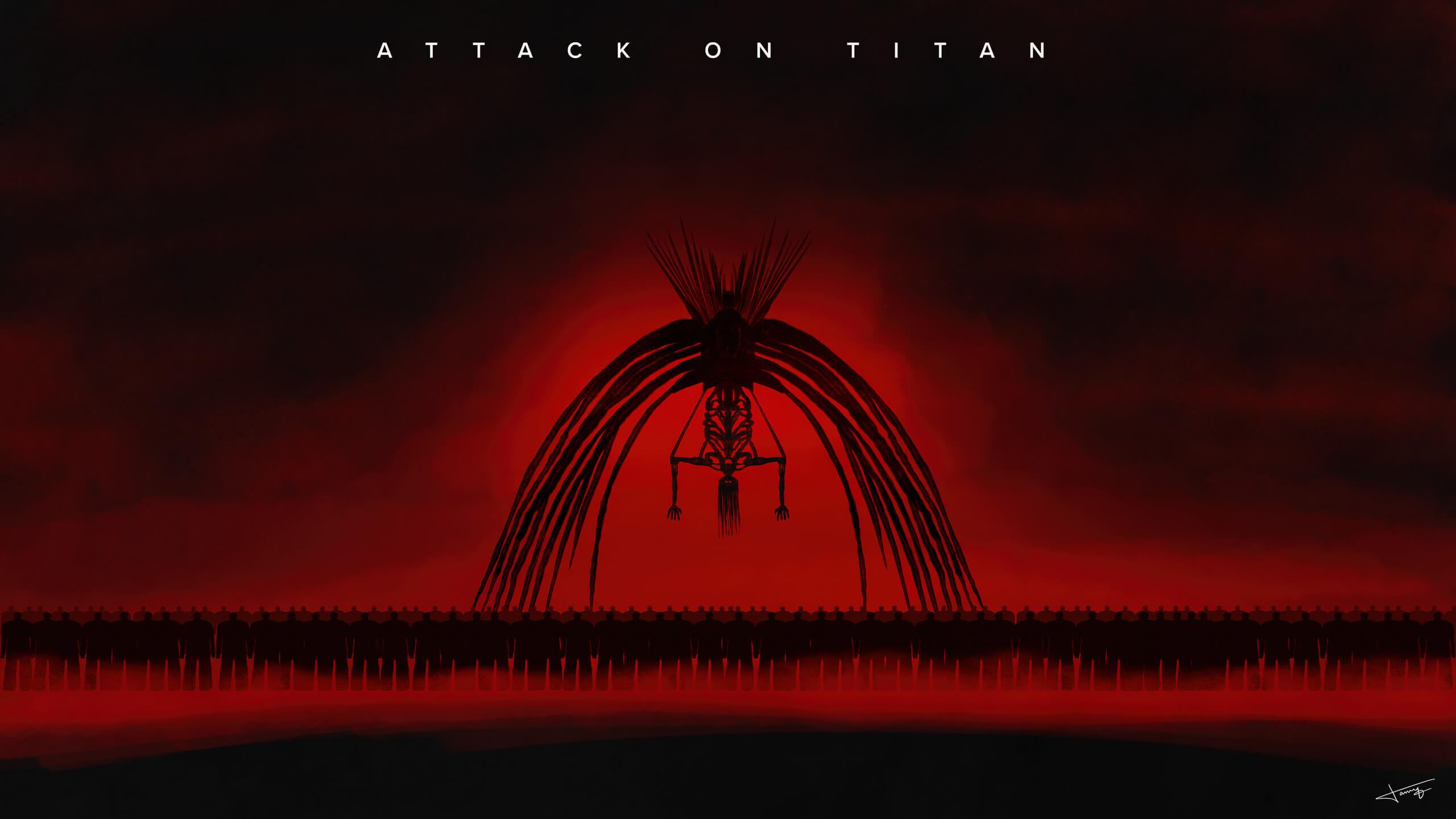 El titán fundador y los titanes colosales durante el retumbar con fondo rojo y niebla