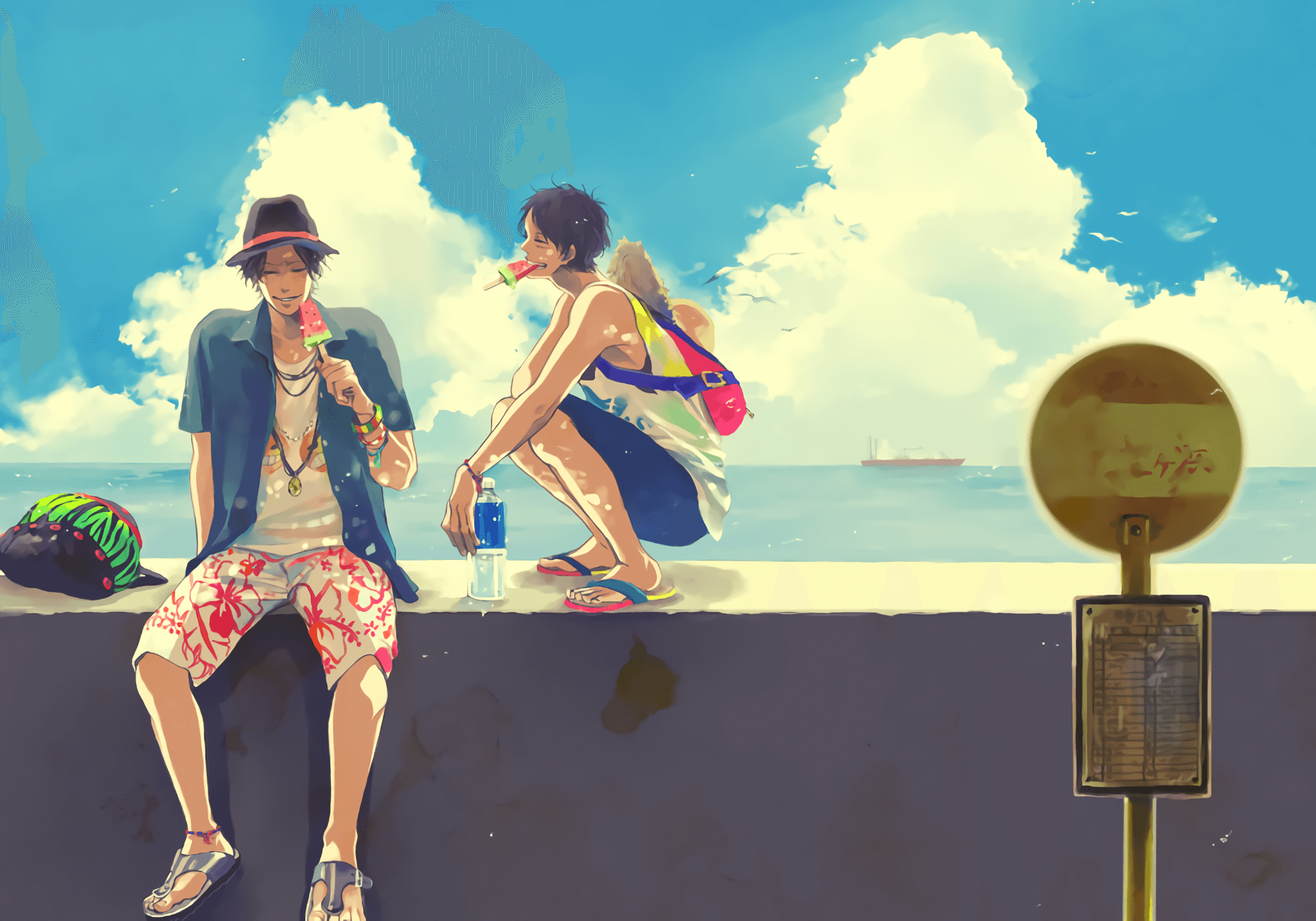 Ace y Luffy sentados tomando bebidas bajo el cielo azul