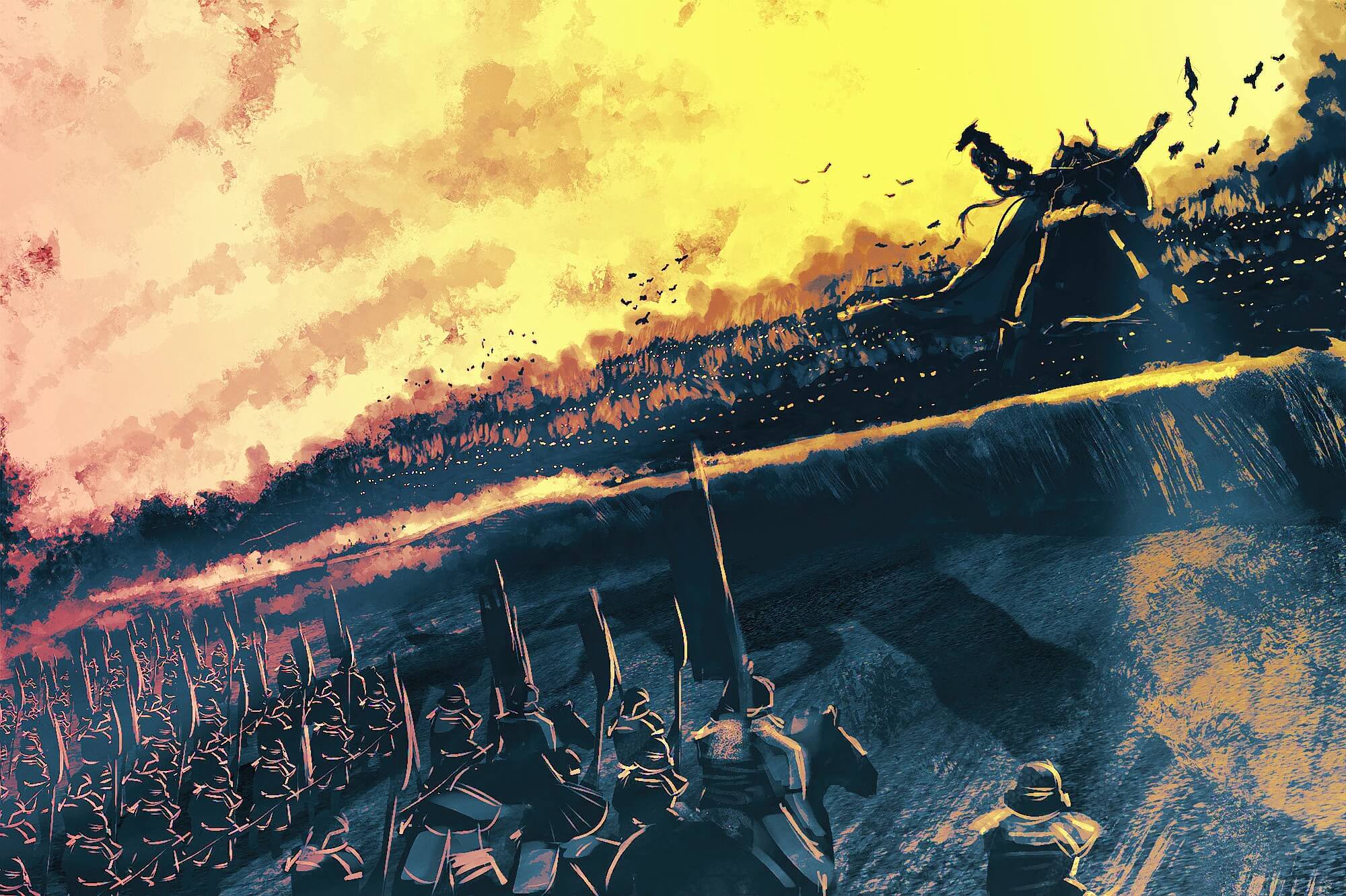 Barbanegra enfrentando un ejército bajo un cielo tormentoso