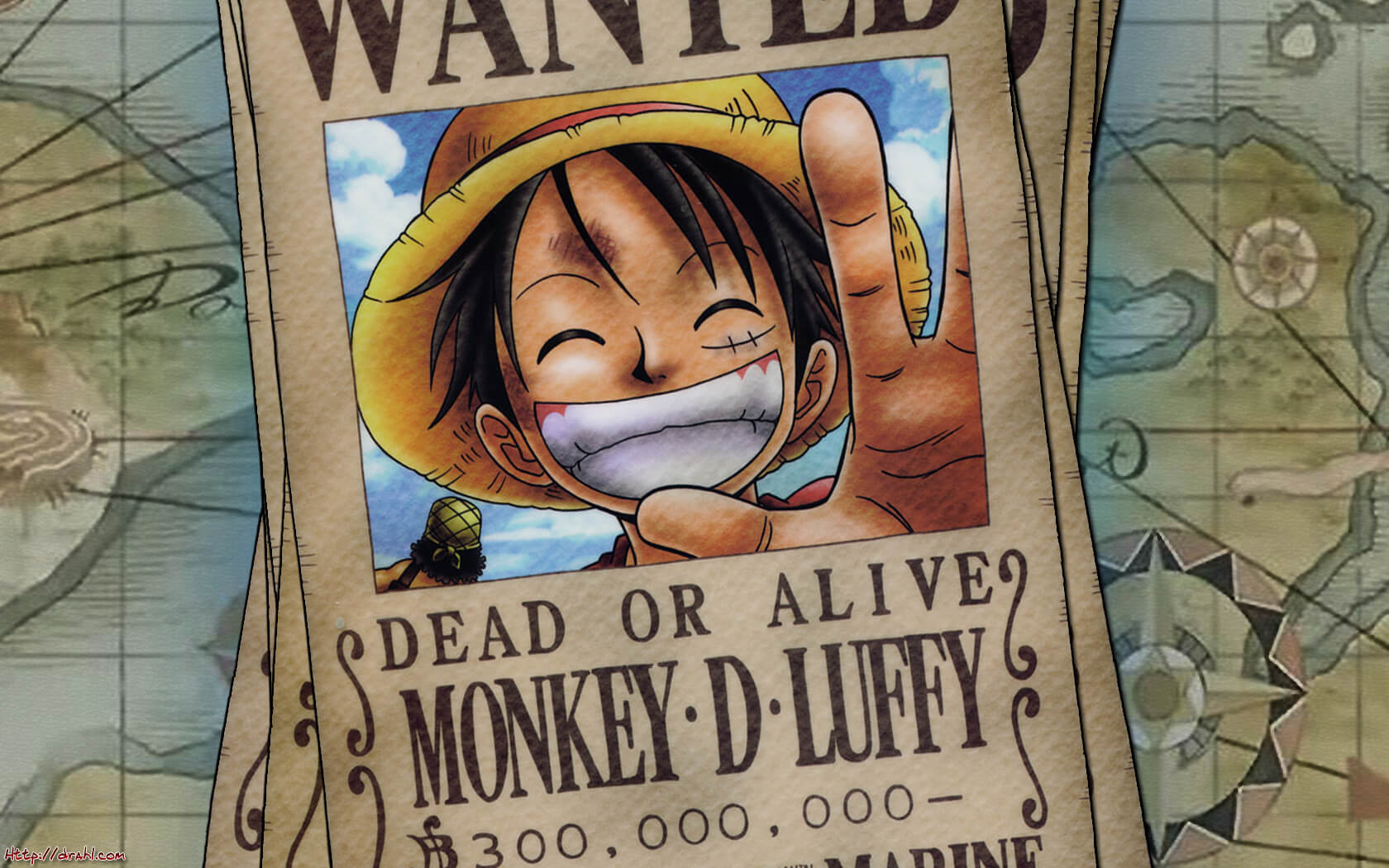 Cartel de recompensa de Moneky D. Luffy con 300 millones de berries y su pose característica