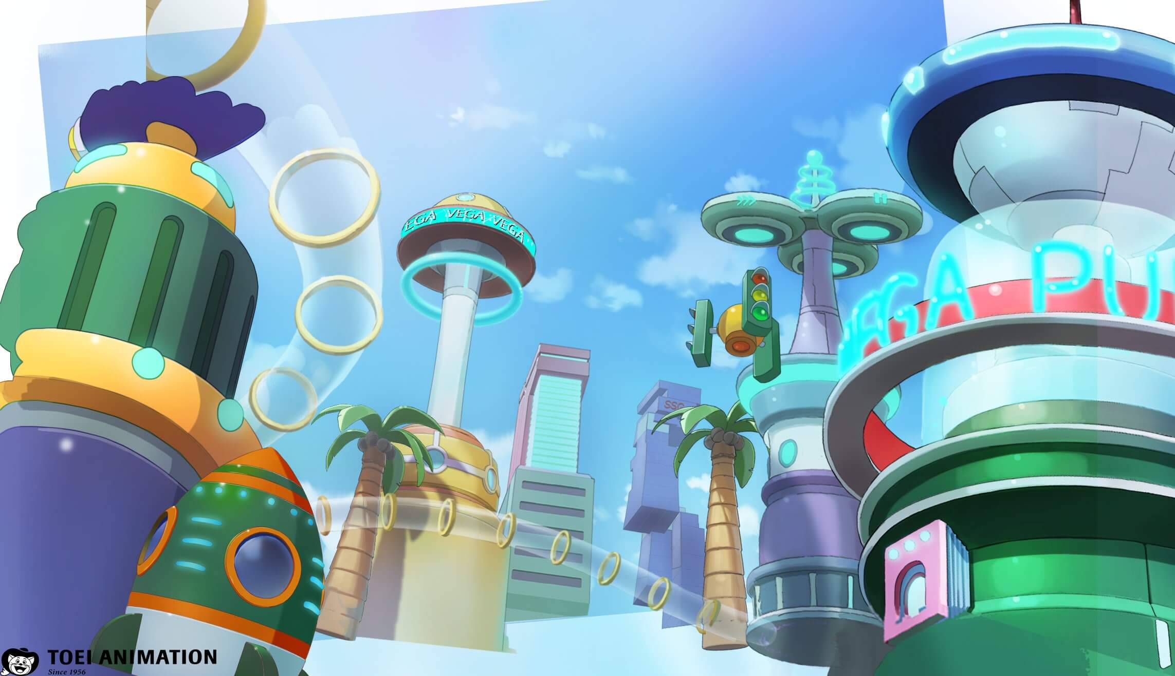Arquitectura de una ciudad de One Piece con estilo tecnológico y palmeras artificiales