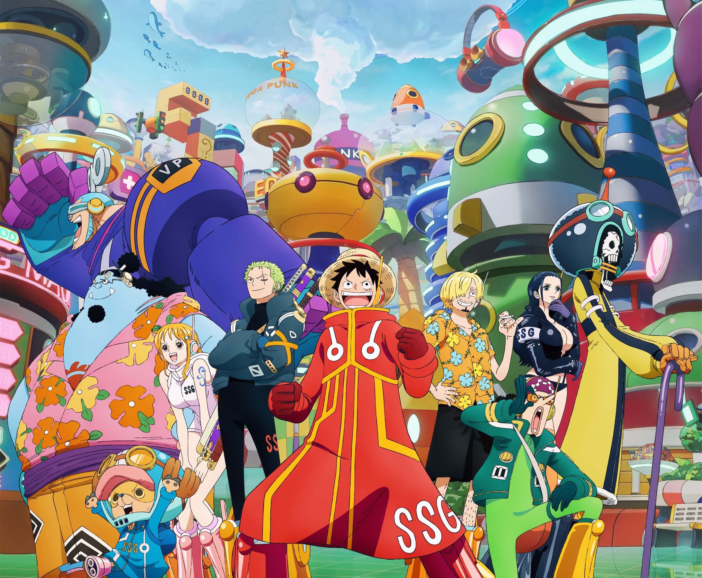 Escenario futurista de Egghead con todos los personajes principales en traje SSG