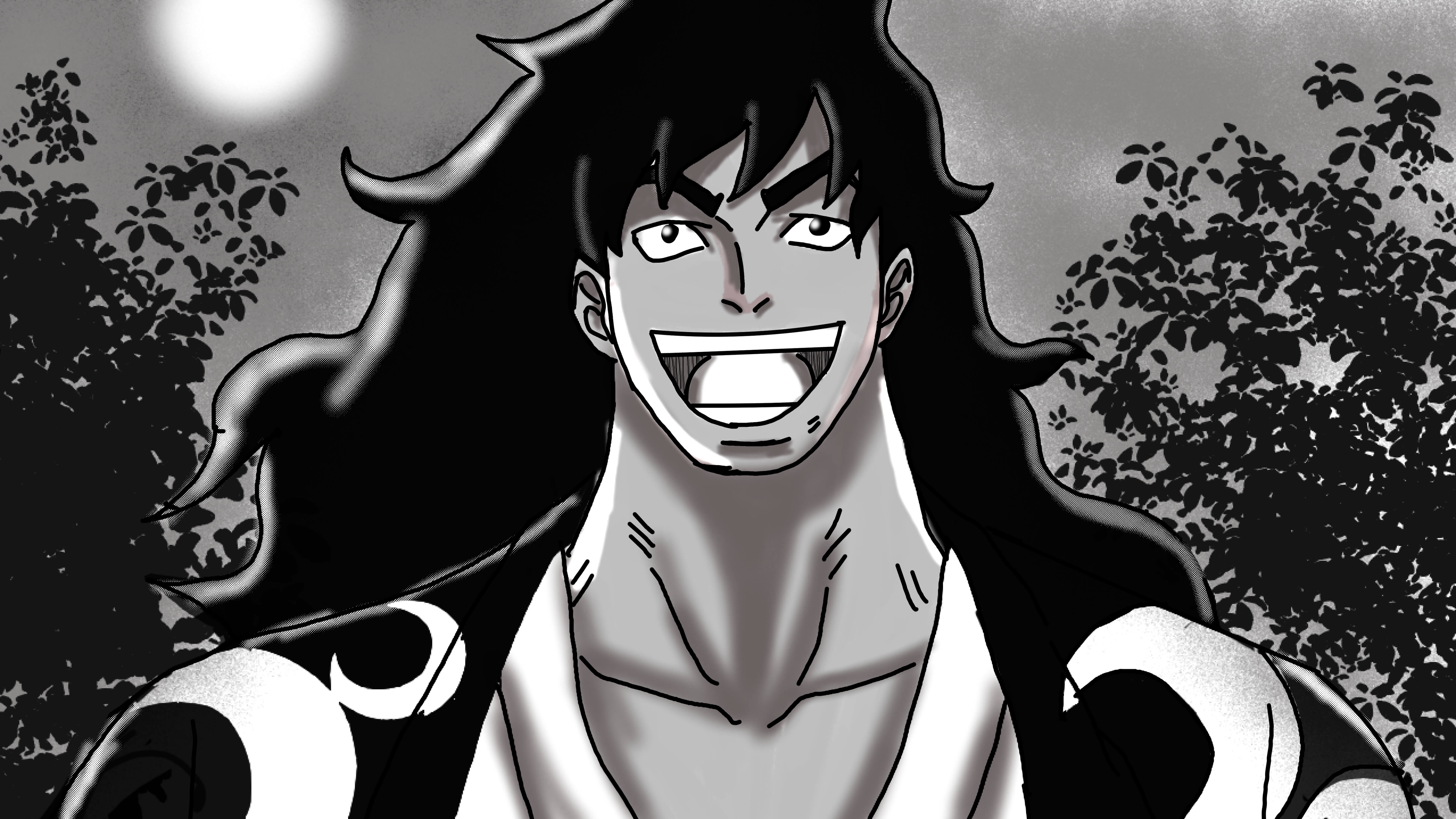 Kozuki Oden sonriendo con fondo nocturno en una ilustración monocromática