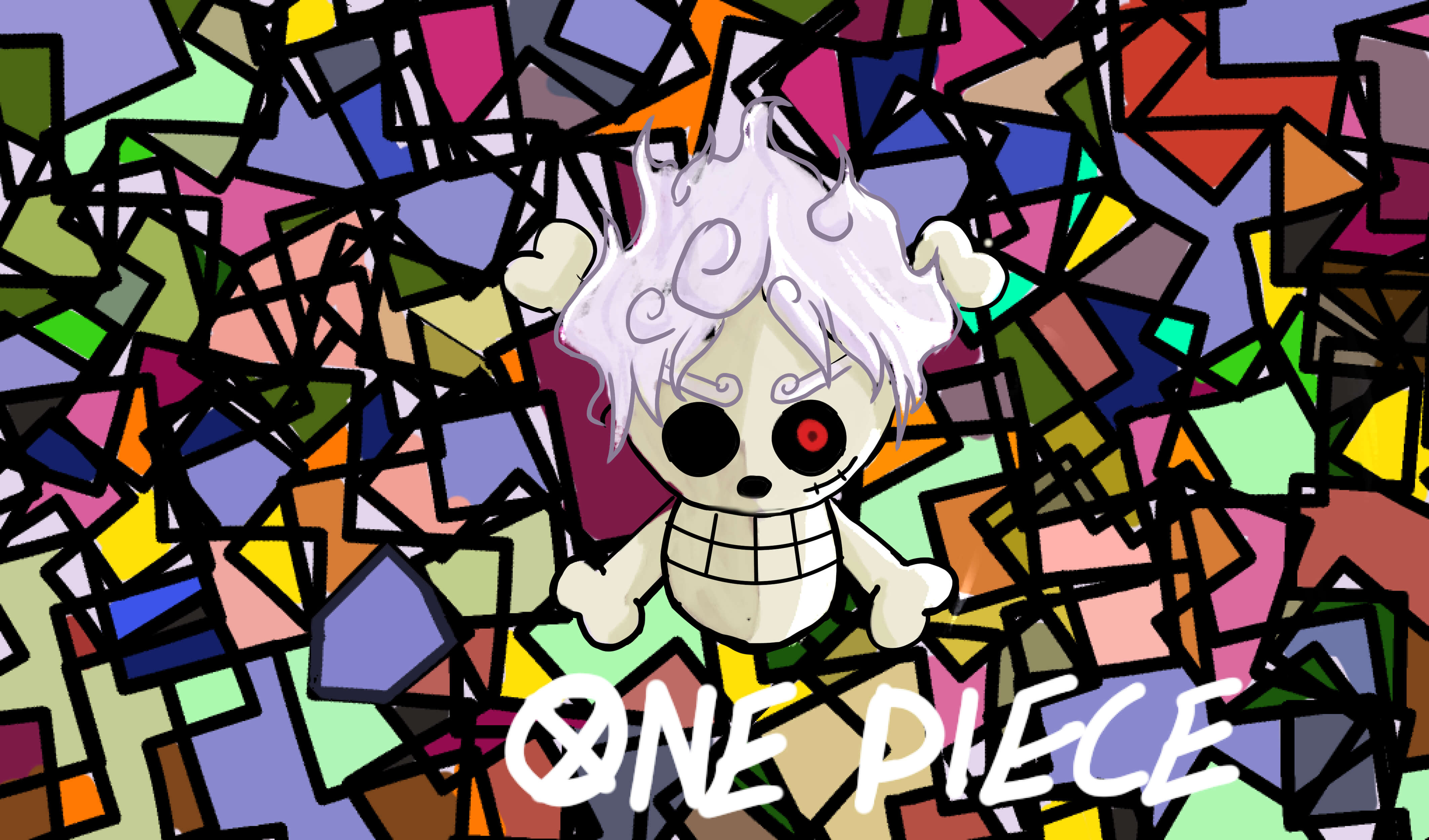 Logo de One Piece con diseño de Gear 5 y fondo abstracto colorido al estilo vidriera