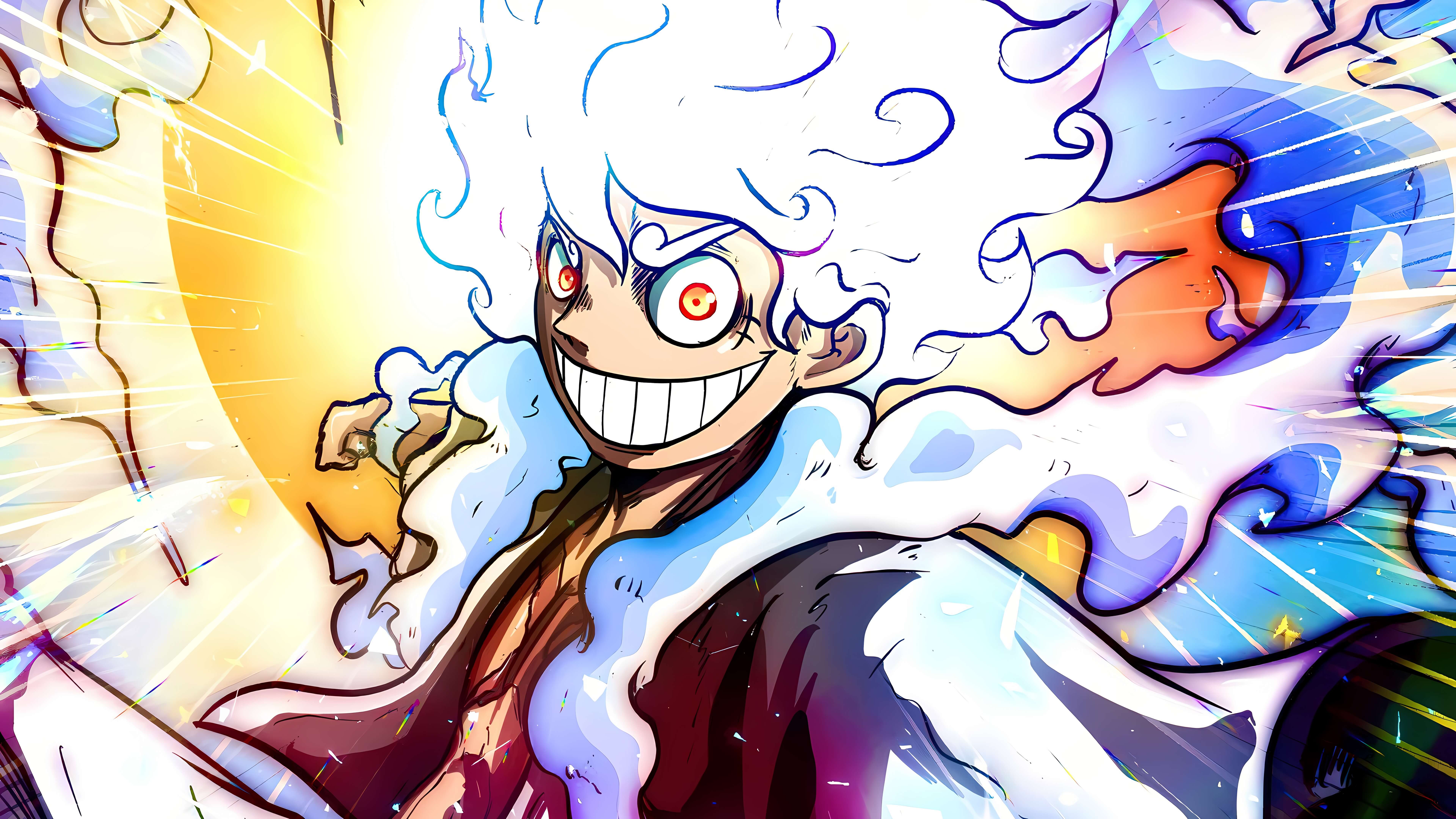 Luffy enfadado con fase Gear 5 lanzando un puño desde atrás