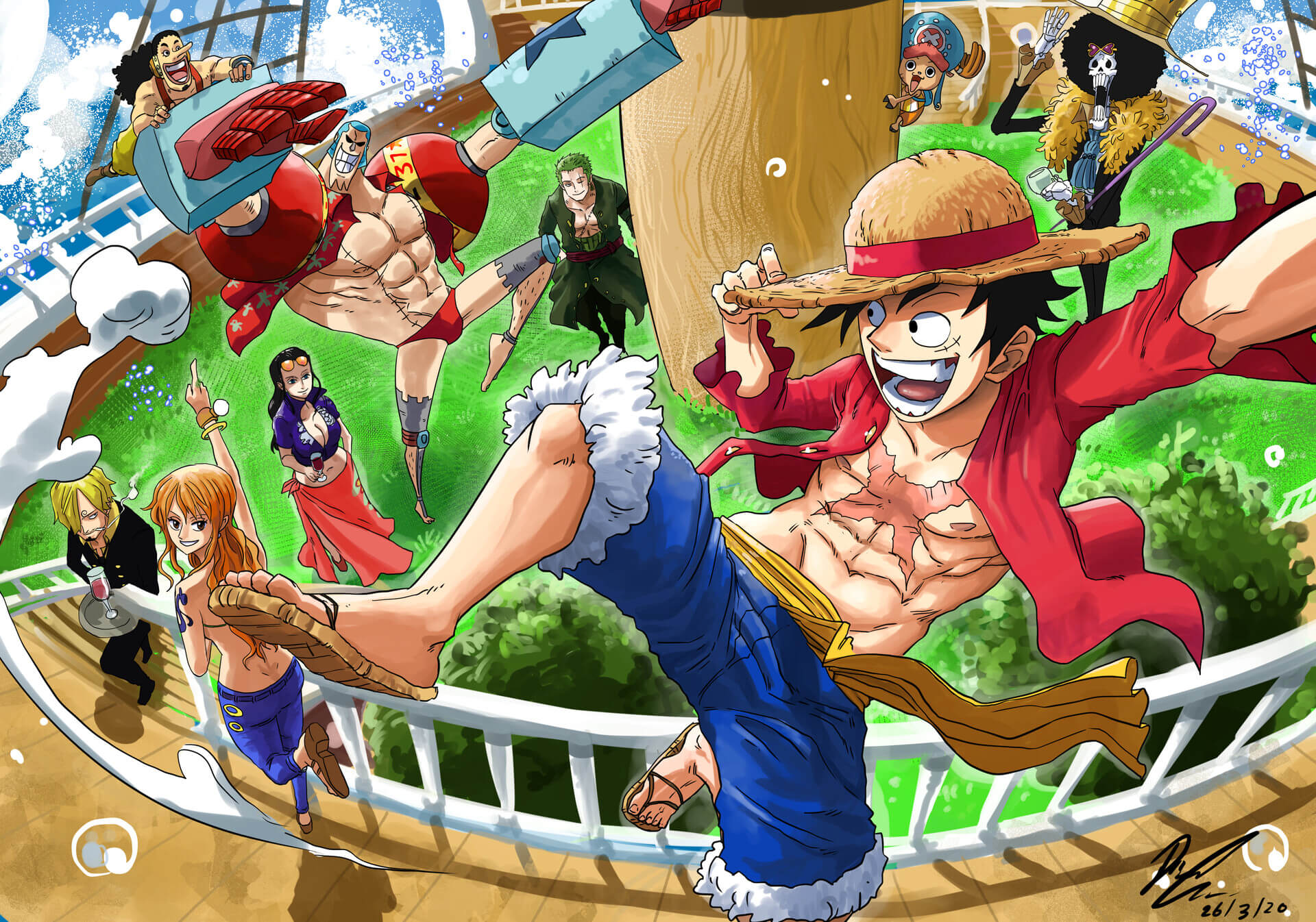 Luffy saltando con el resto de la banda detrás
