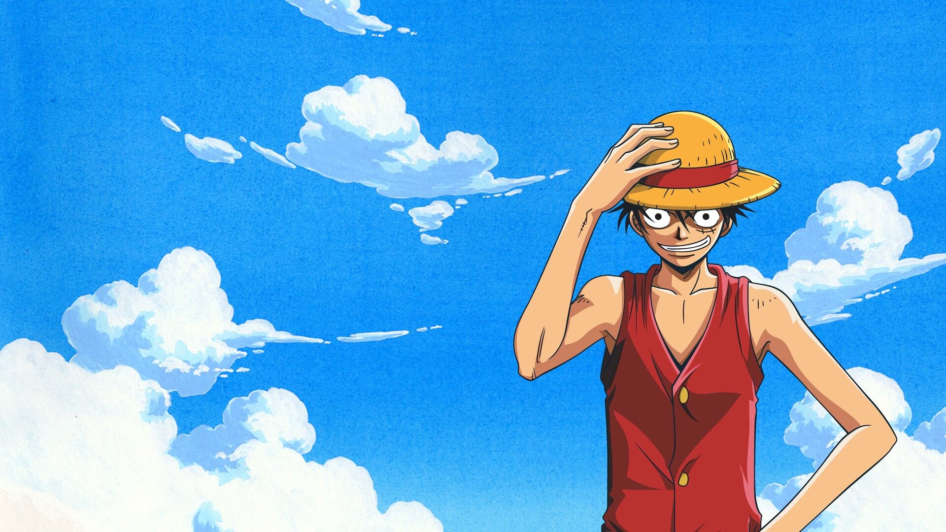 Luffy con una mano sobre su sombrero saludando con un fondo de cielo despejado