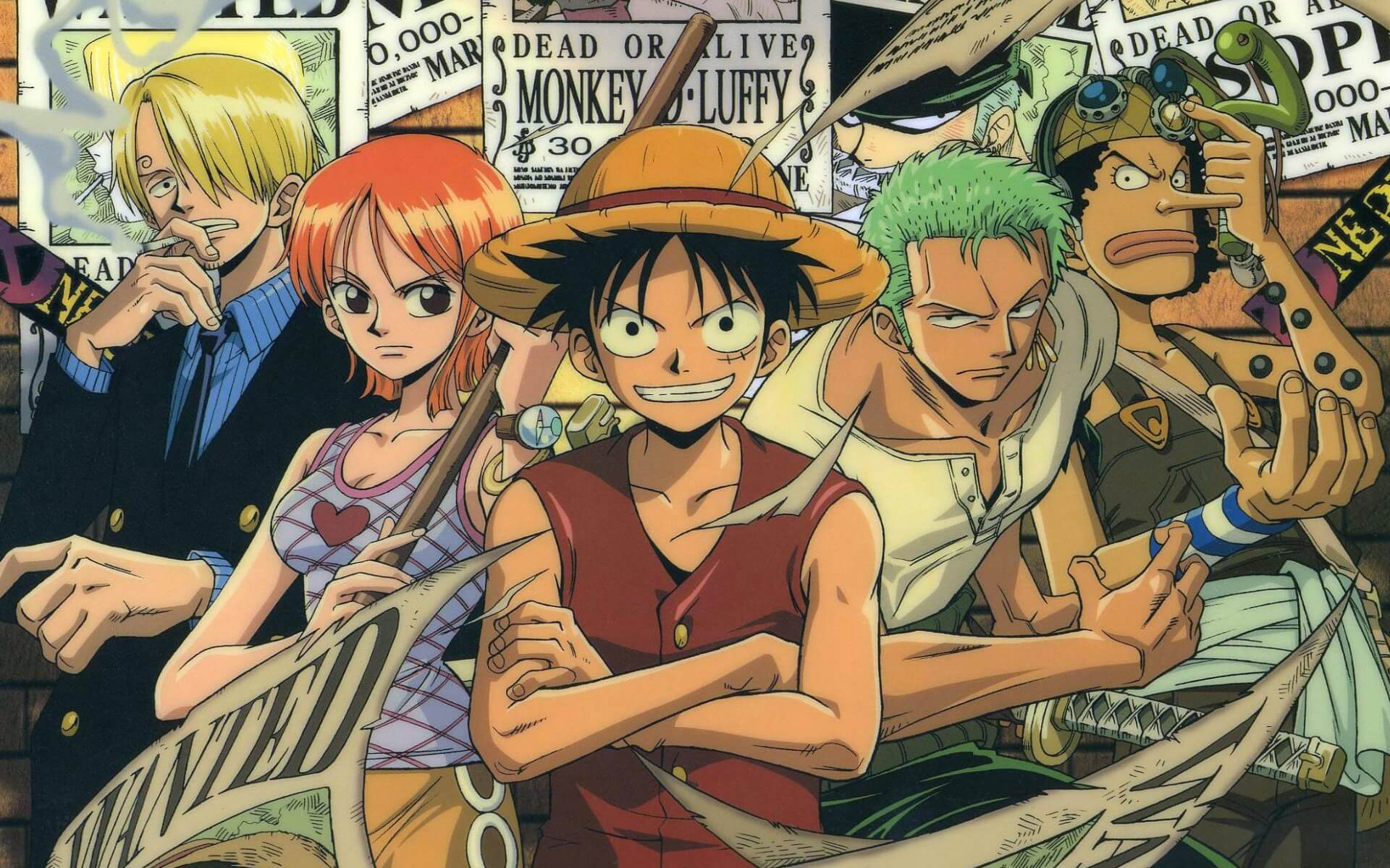 Luffy y su tripulación con carteles de recompensa en One Piece