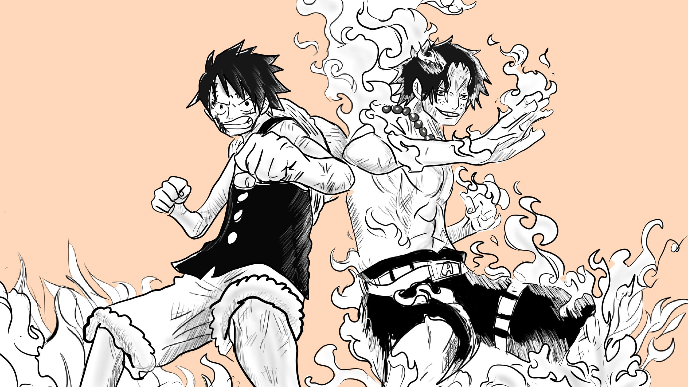 Luffy y Ace de espaldas en una ilustración en blanco y negro rodeados de llamas