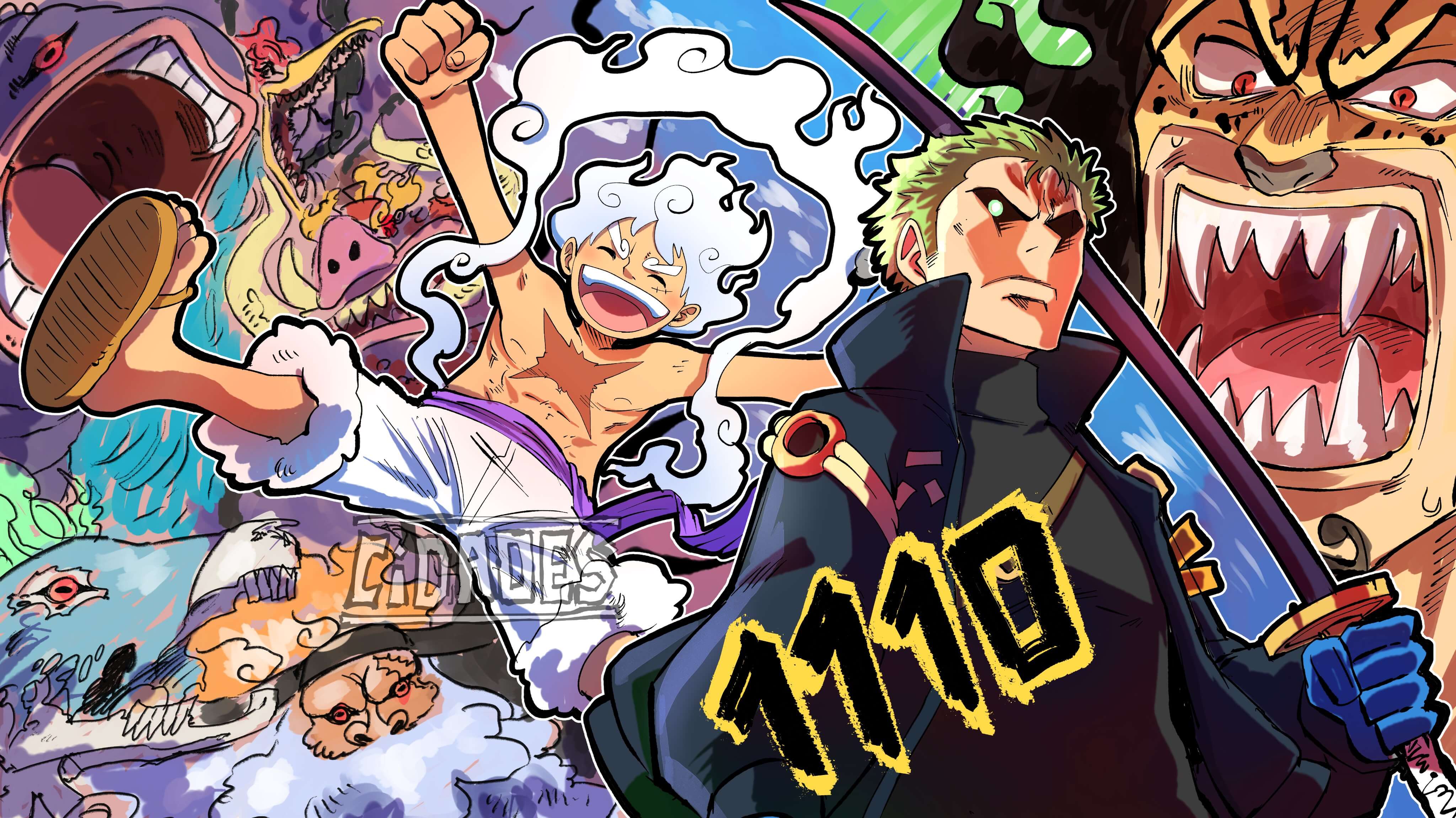 Ilustración vibrante de Luffy en Gear 5 y Zoro destacando en el capítulo 1110 del manga