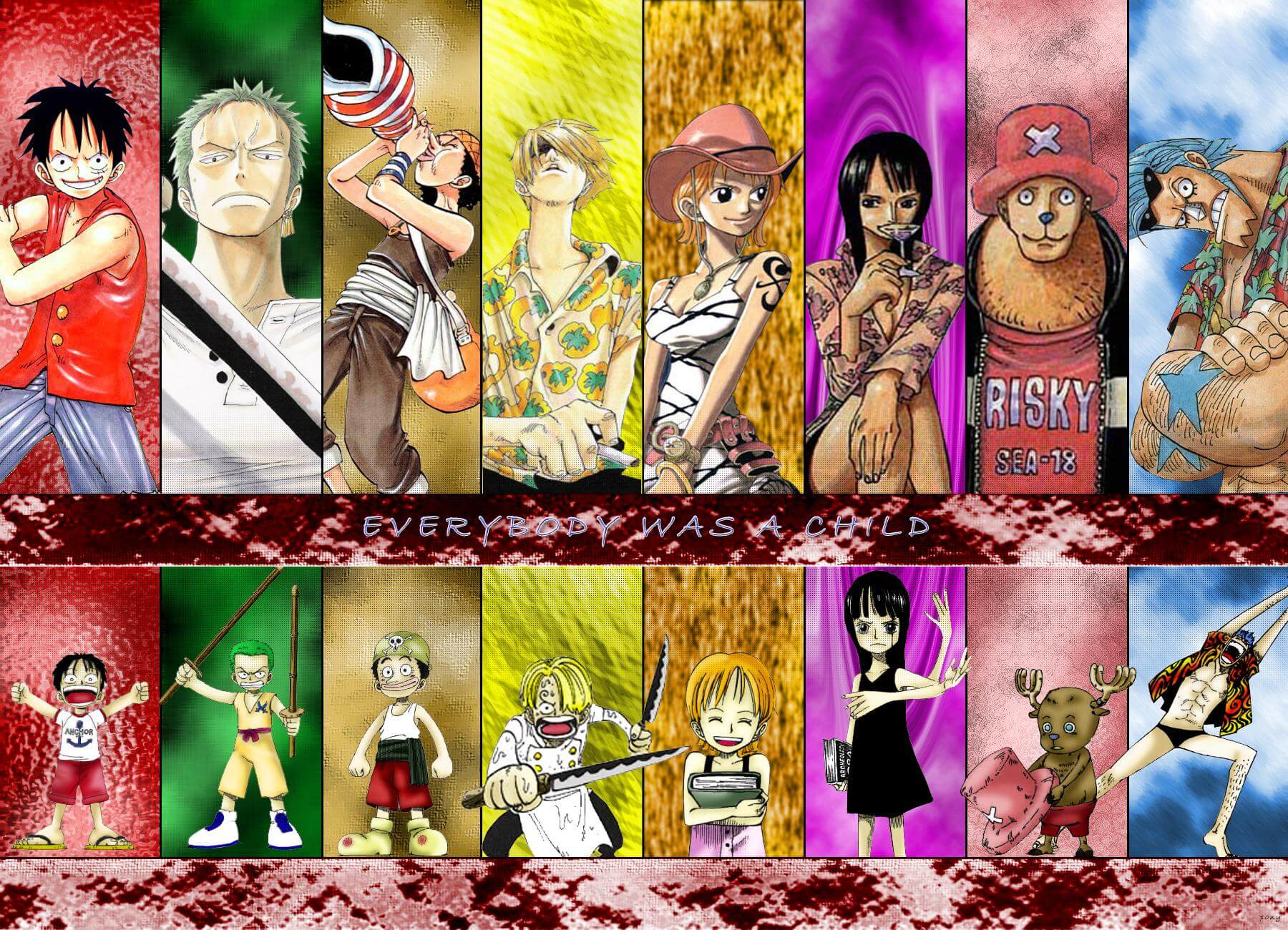 Personajes de One Piece representados como niños y adultos