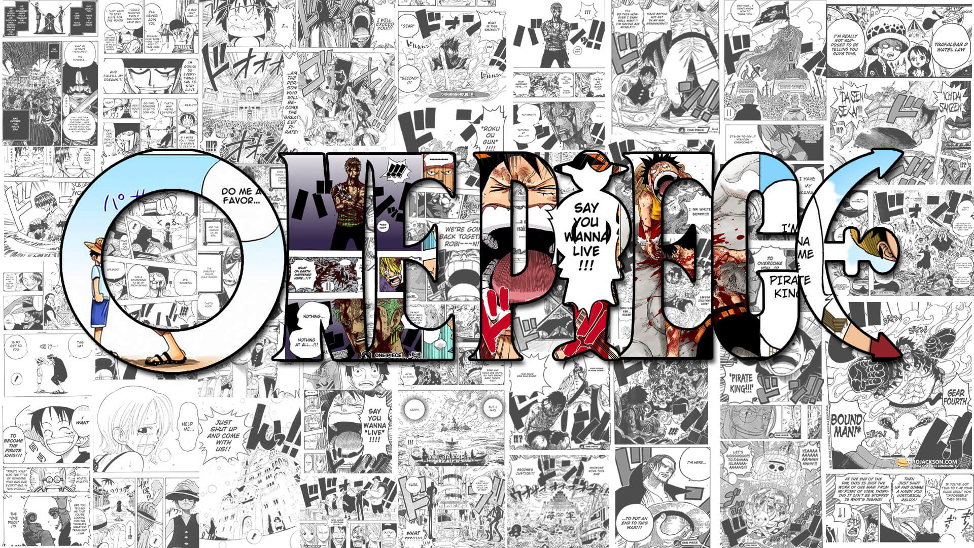 Logo de One Piece sobre fondo de viñetas de manga