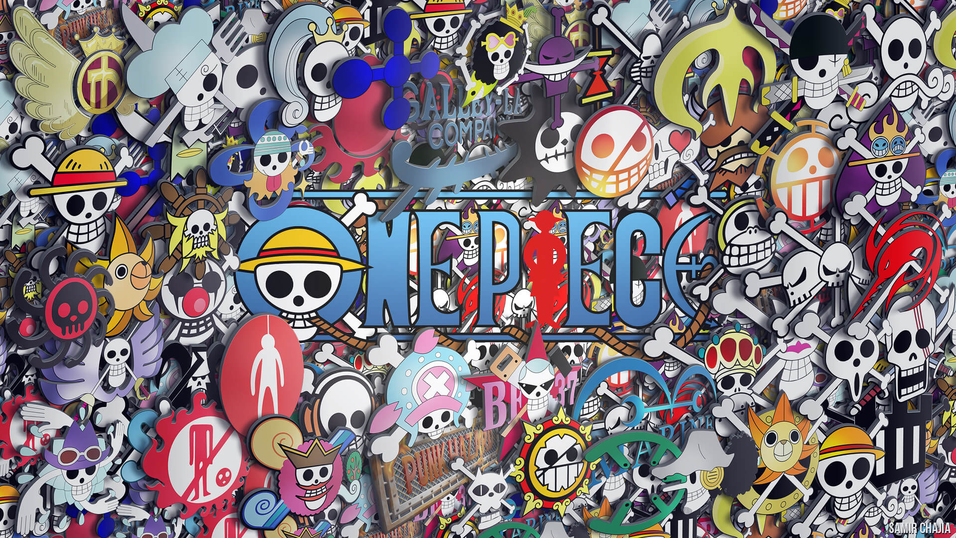 Montaje colorido con logotipos de las bandas piratas de One Piece