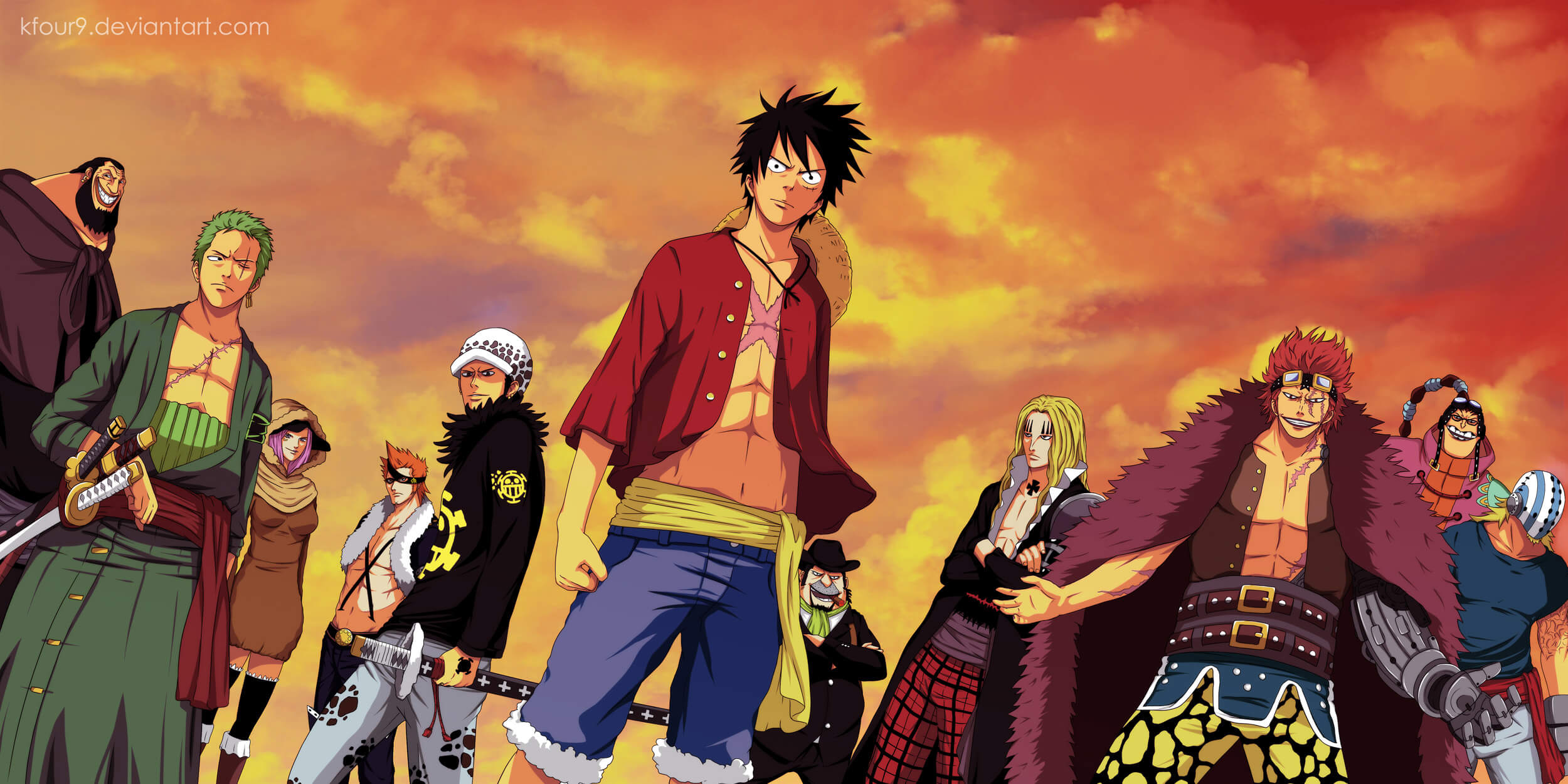 Luffy con sus aliados al atardecer en una escena épica de One Piece