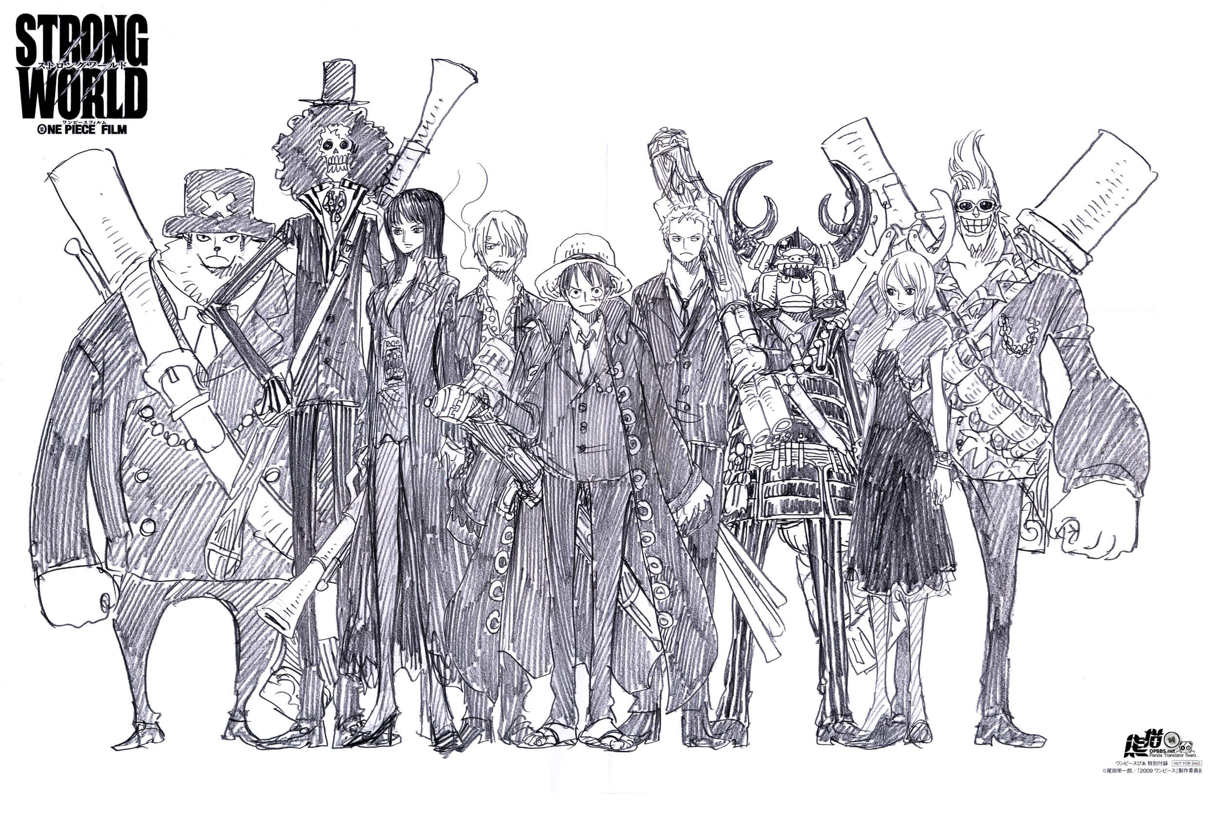 Boceto del grupo de piratas de One Piece en la película Strong World