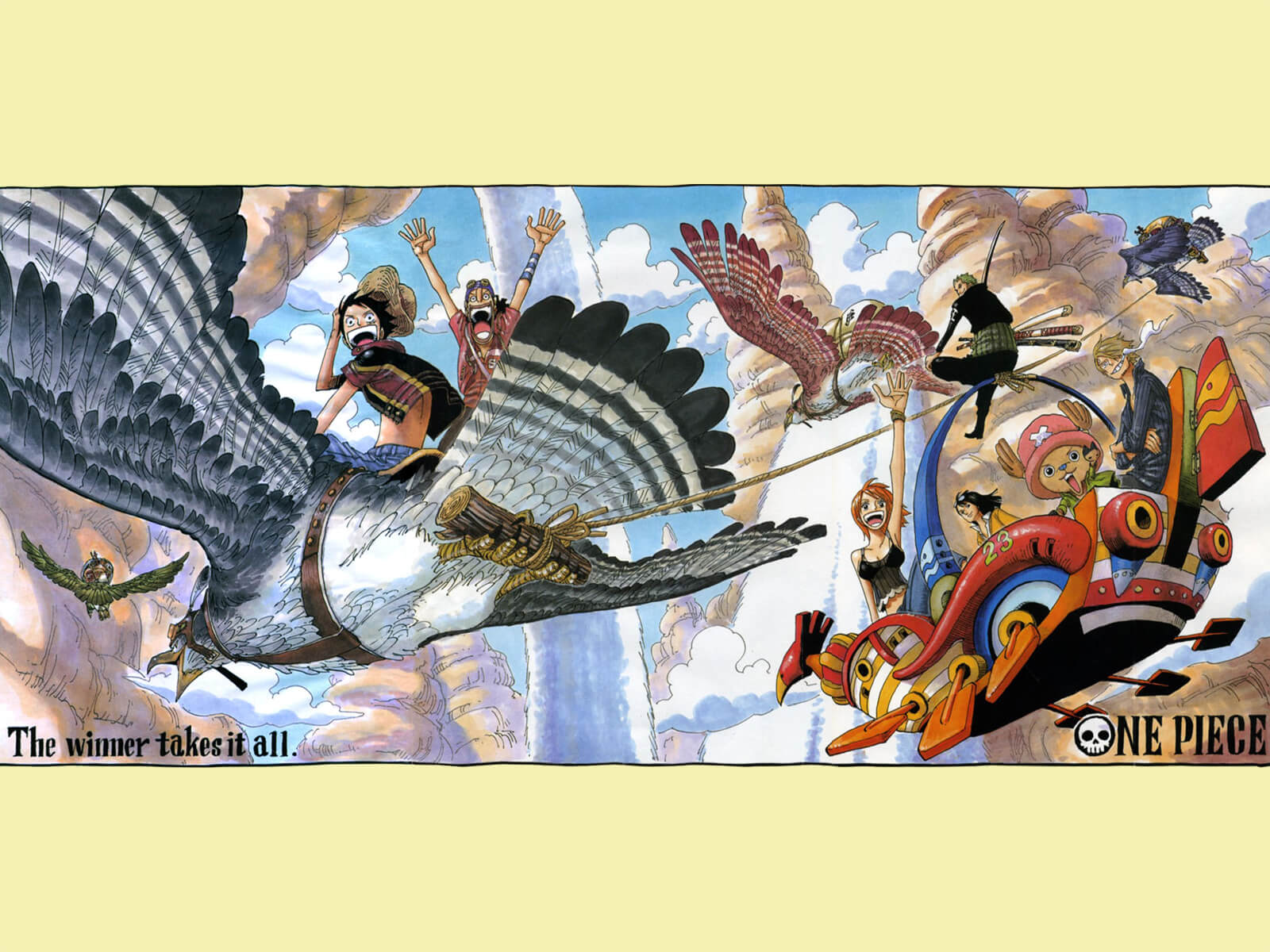 La tripulación de One Piece volando con un ave gigante en una ilustración colorida