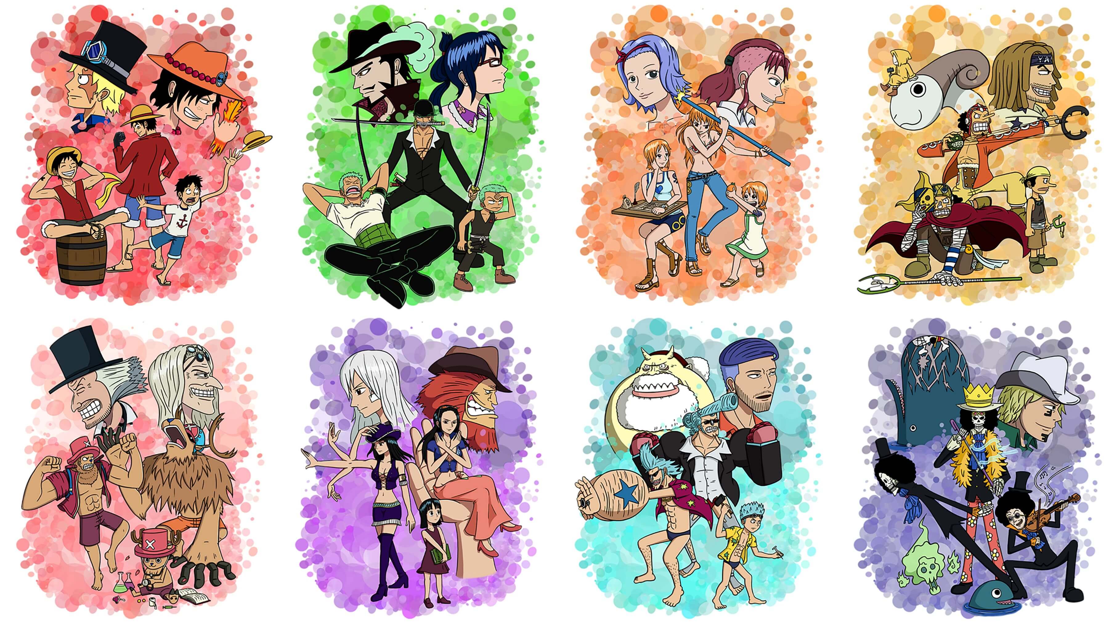Parejas y escenas graciosas de One Piece en estilo chibi y colorido