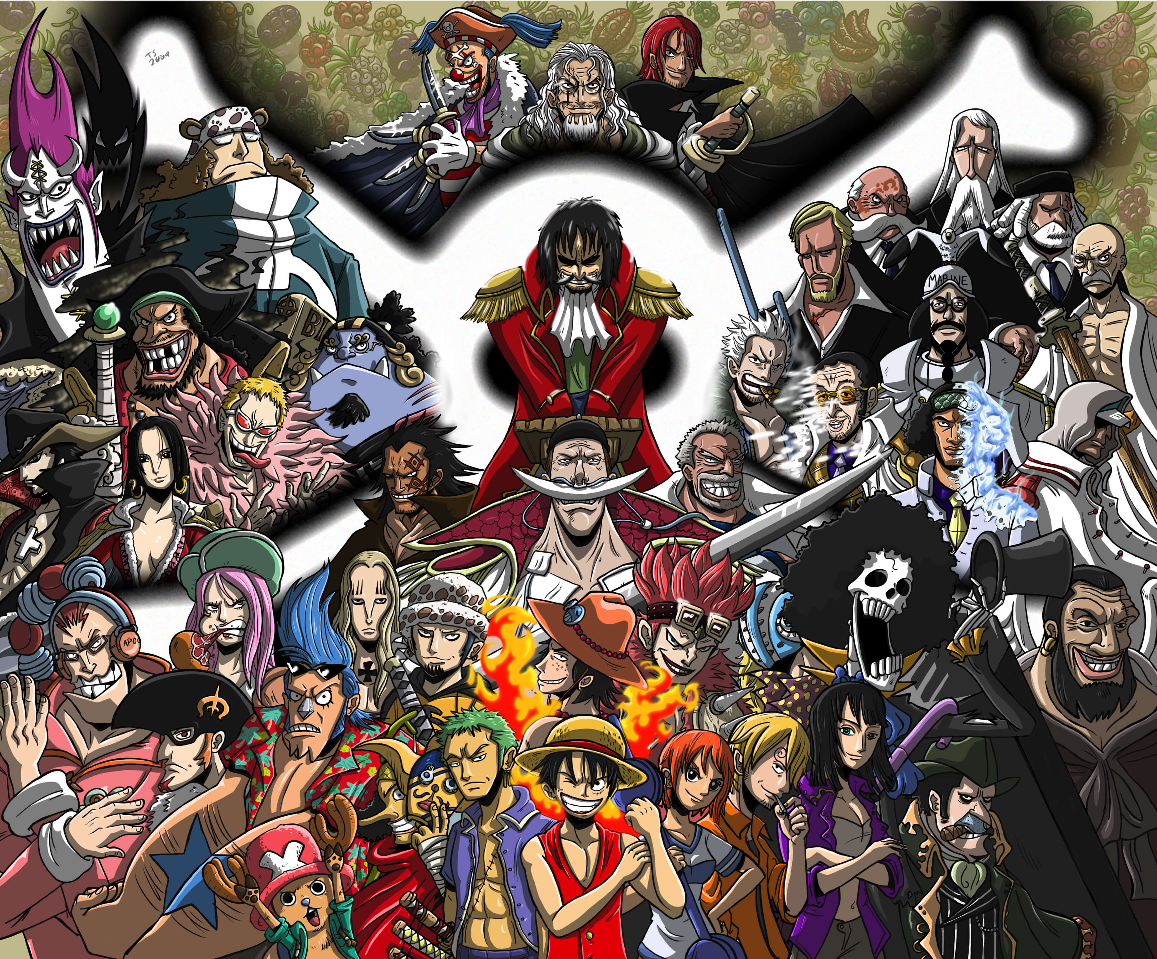 Ilustración de personajes principales y villanos de One Piece reunidos alrededor de Gol D. Roger